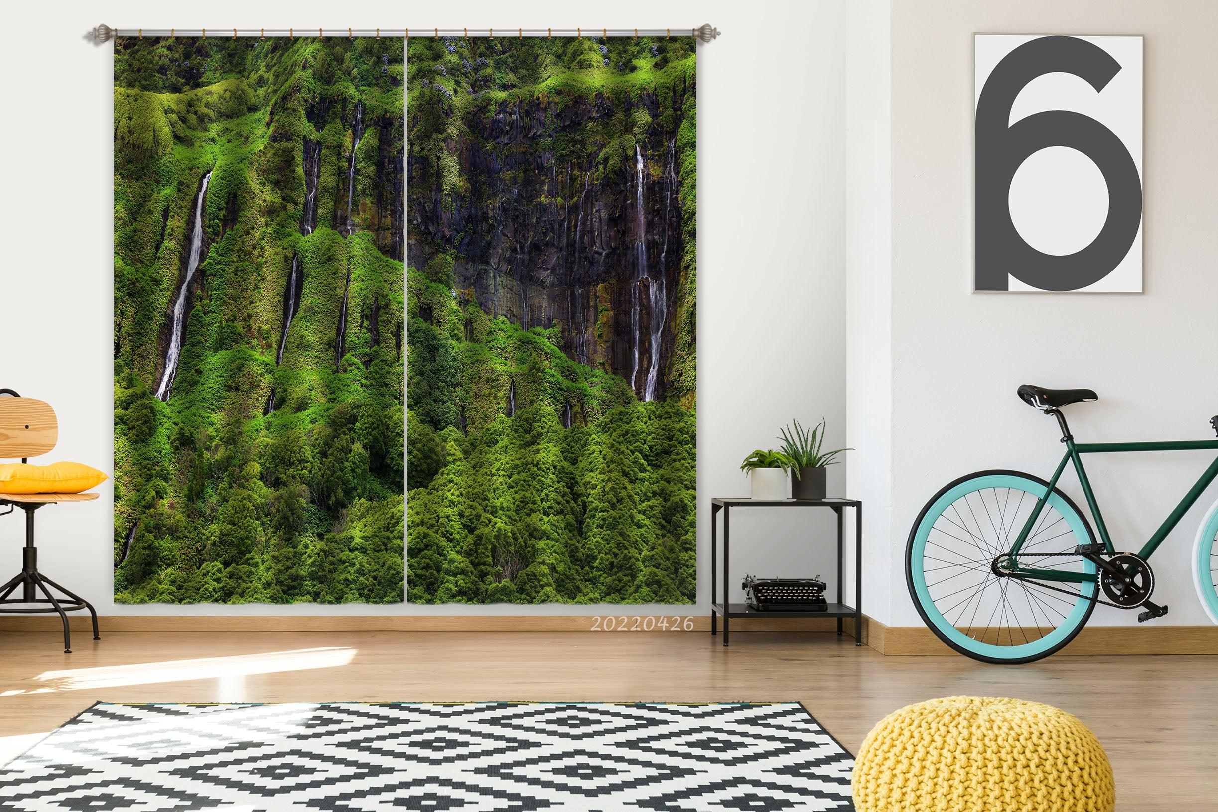 3D Landscape Mountain Forest Waterfall Green Tree Curtains and Drapes GD 4896- Jess Art Decoration