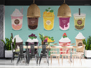 3D Green Background Bubble Tea Pearl Tea Milk Tea Shop Wall Mural Wallpaper JN 39- Jess Art Decoration