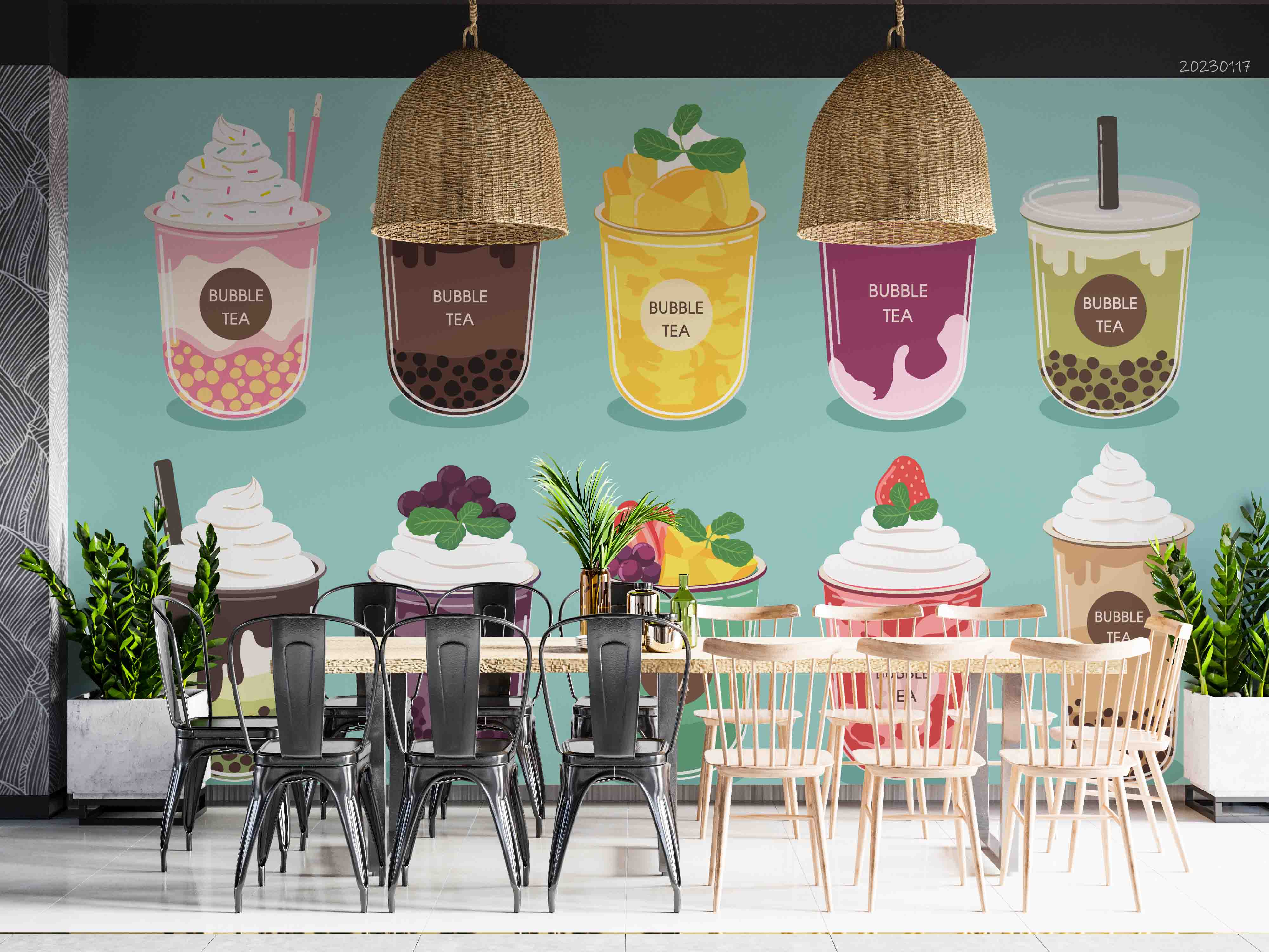 3D Green Background Bubble Tea Pearl Tea Milk Tea Shop Wall Mural Wallpaper JN 39- Jess Art Decoration
