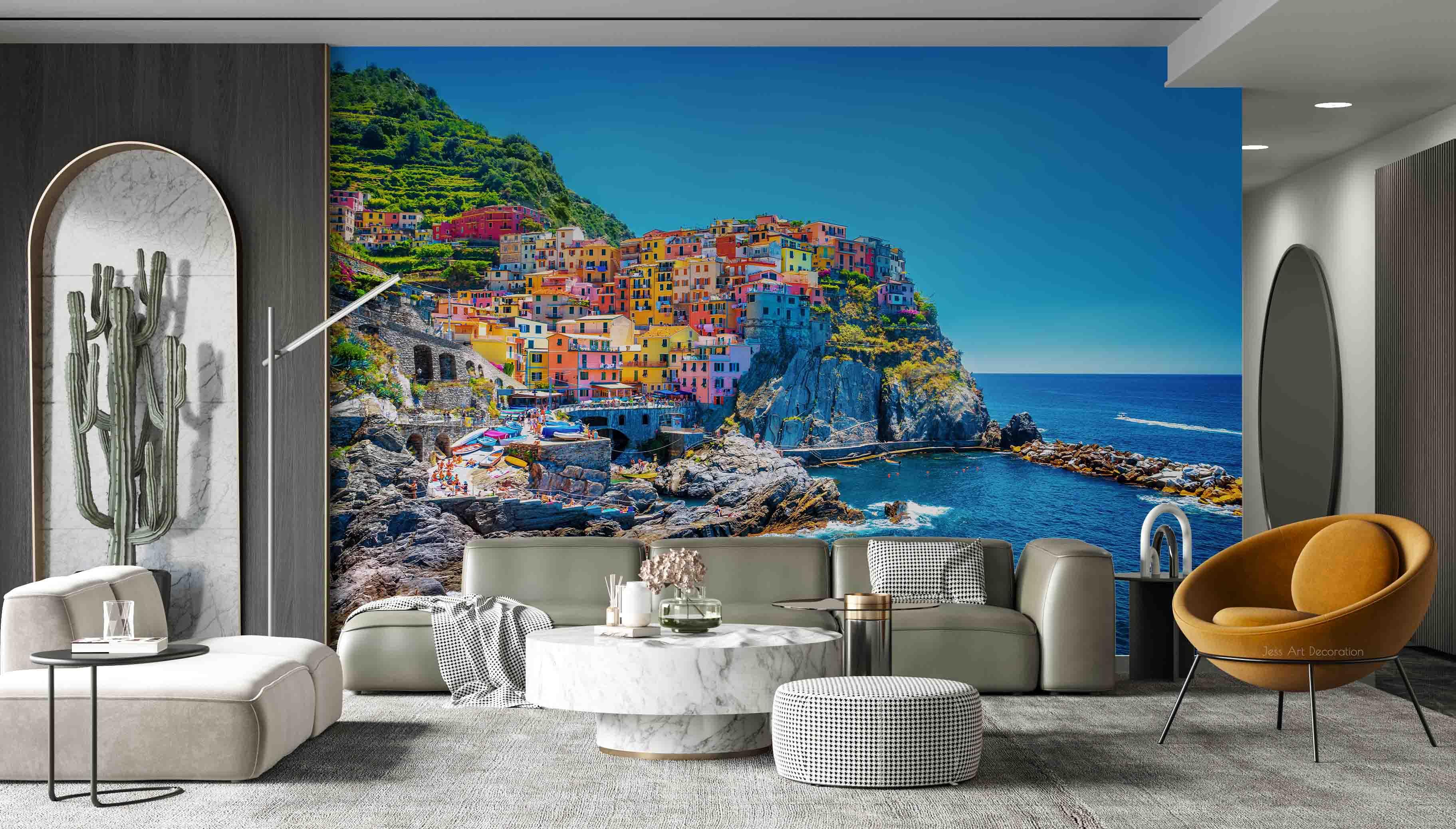 3D Blue Sea Sky Seaside Colored Tall Building Mountains Stone Woods Wall Mural Wallpaper GD 2229- Jess Art Decoration