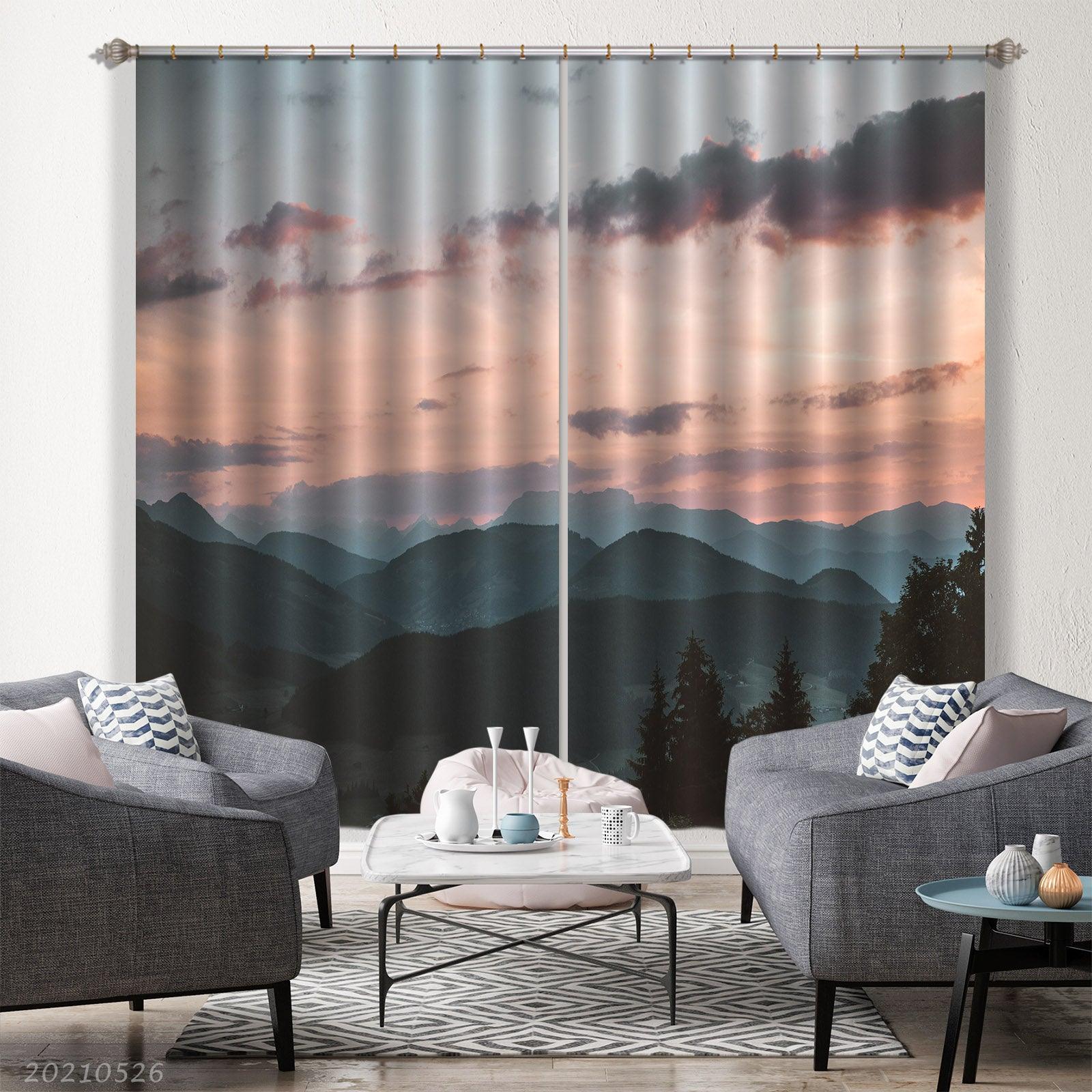 3D Black Mountain Peak Woods Red Sky Cloud Curtains and Drapes GD 254- Jess Art Decoration