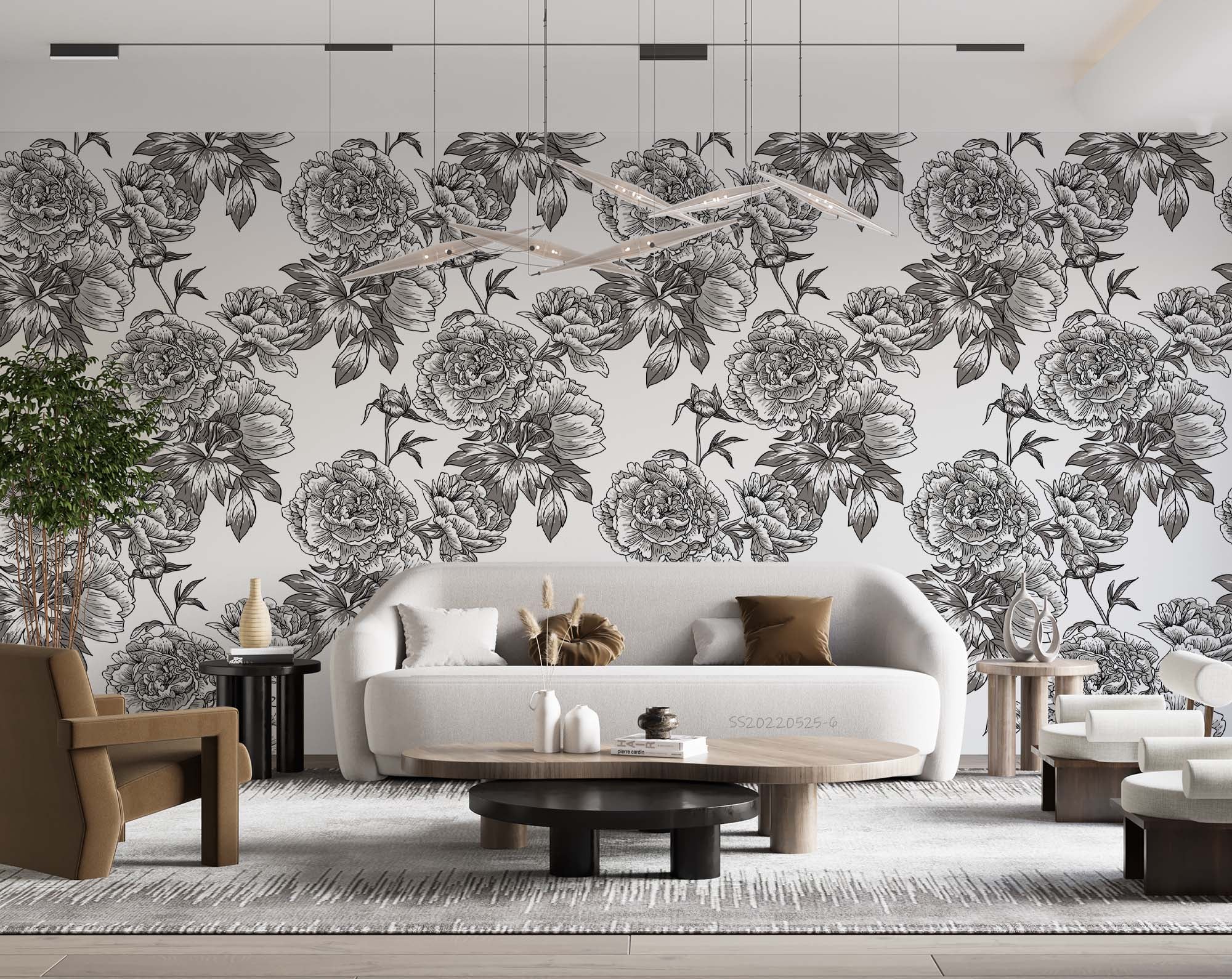 3D Sketch Peony Floral Pattern Black White Wall Mural Wallpaper GD 1329- Jess Art Decoration