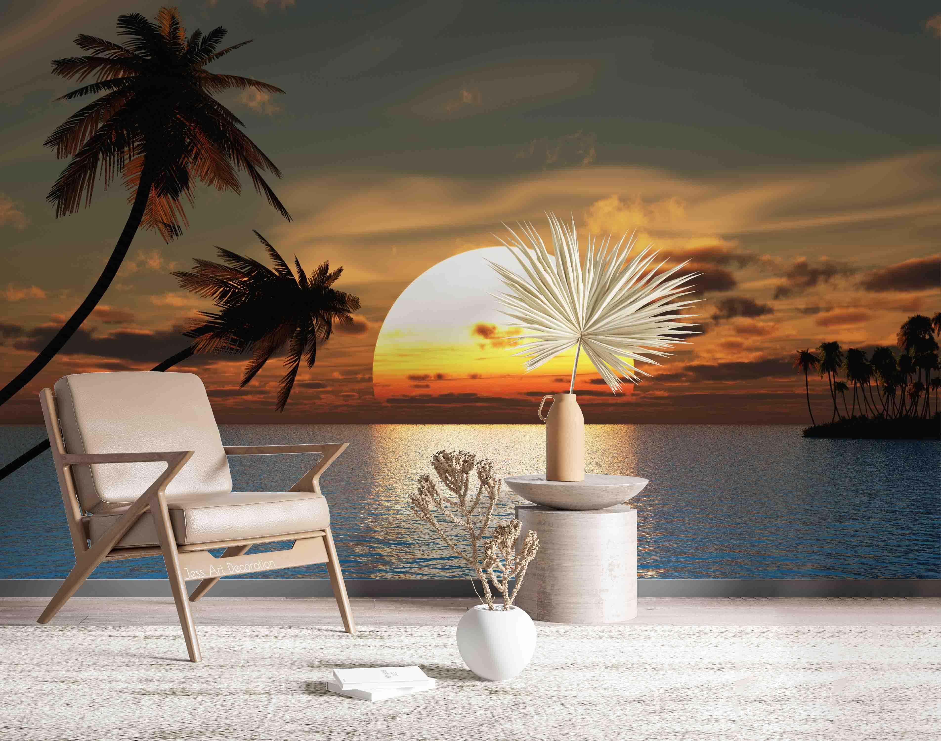 3D Sun Sea Surface Coconut Tree Wall Mural Wallpaper GD 2416- Jess Art Decoration