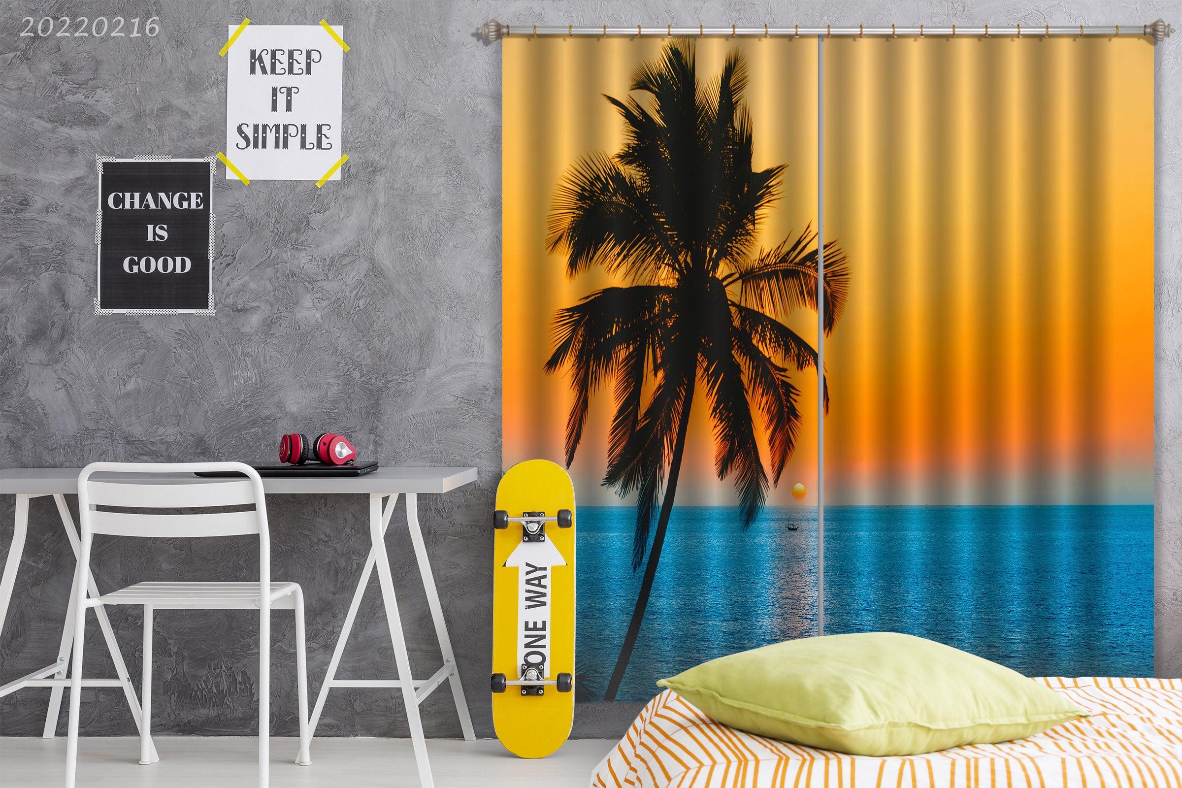 3D Blue Sea Coconut Tree Golden Sun Sky Curtains and Drapes GD 2283- Jess Art Decoration