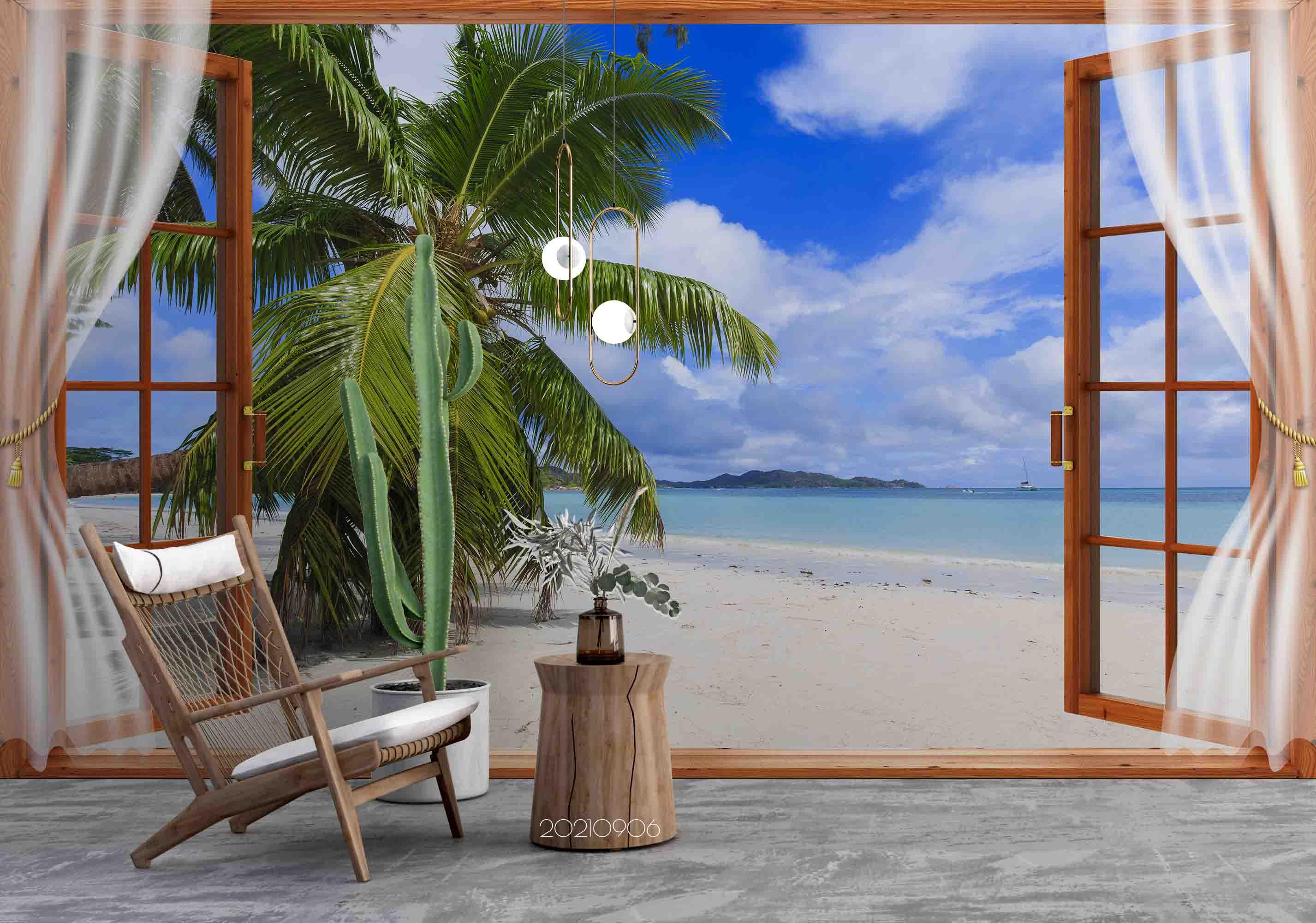 3D Sky Cloud Beach Coconut Tree Wall Mural Wallpaper LQH 572- Jess Art Decoration