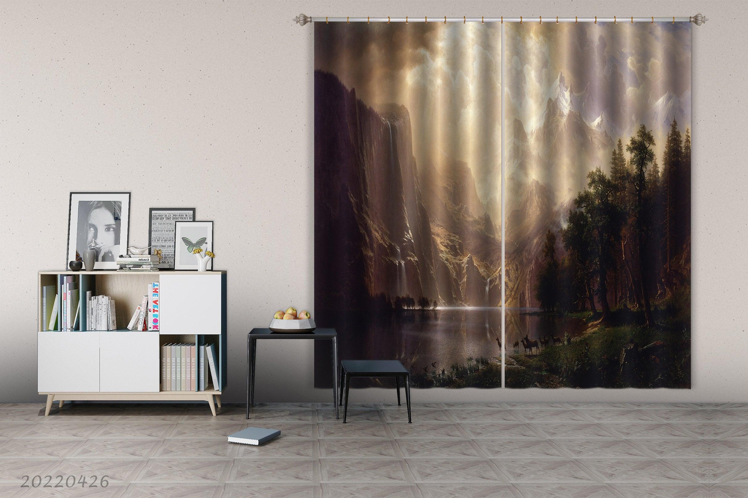 3D Landscape Mountain Peak Forest River Elk Curtains and Drapes GD 4846- Jess Art Decoration