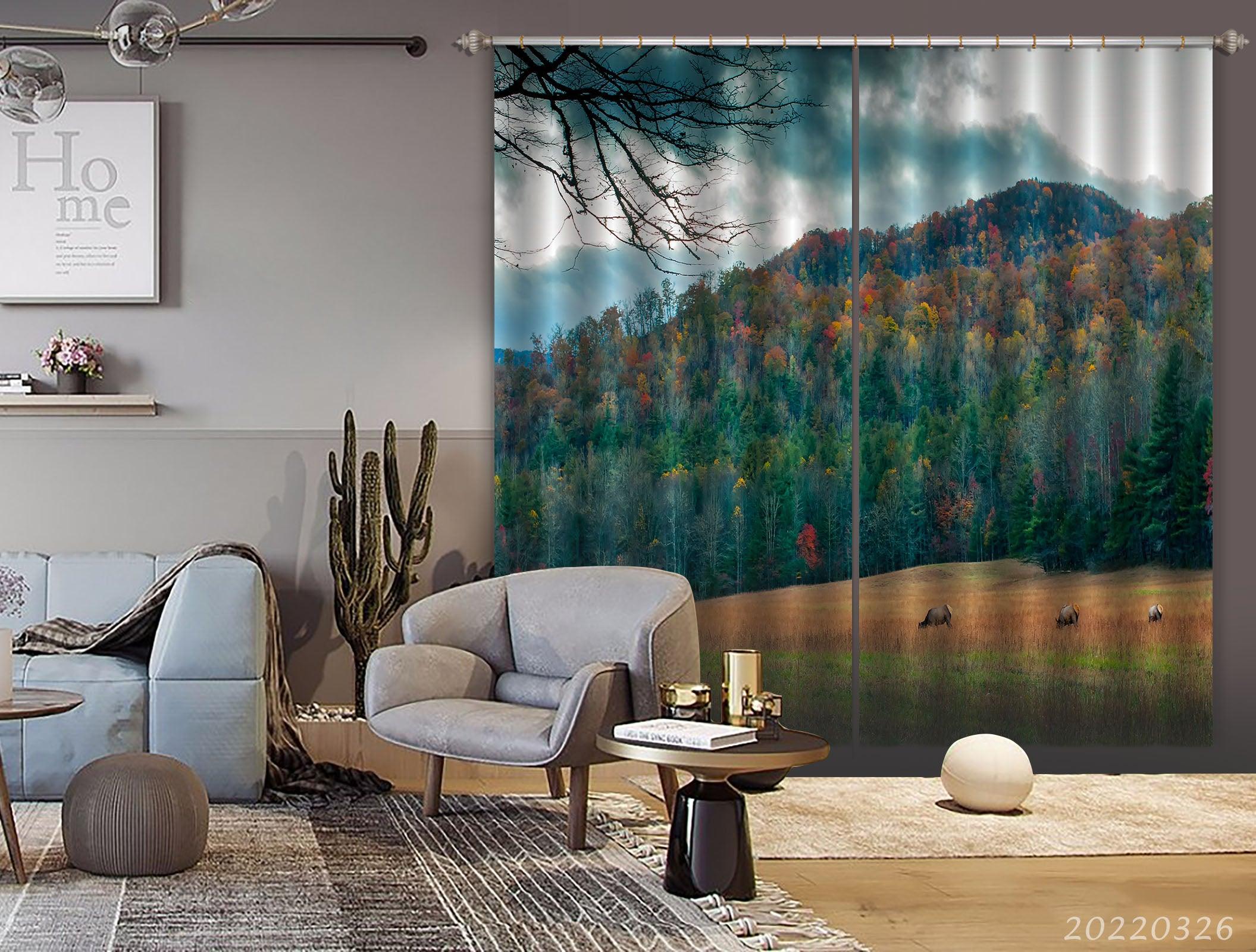 3D Landscape Mountain Forest Meadow Elk Curtains and Drapes GD 3003- Jess Art Decoration