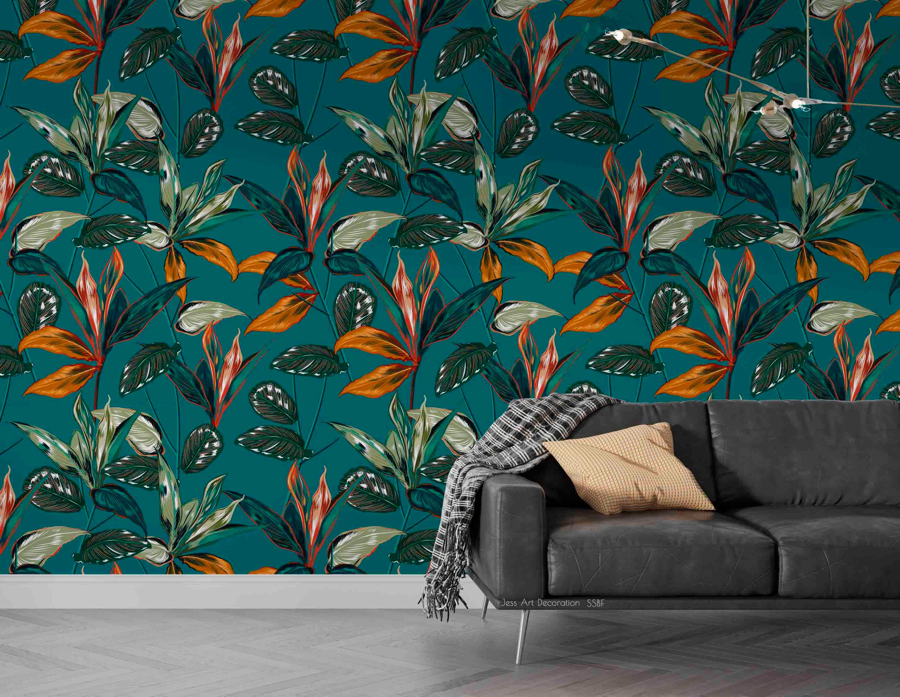 3D Vintage Baroque Art Plant Leaf Blue Background Wall Mural Wallpaper GD 3579- Jess Art Decoration