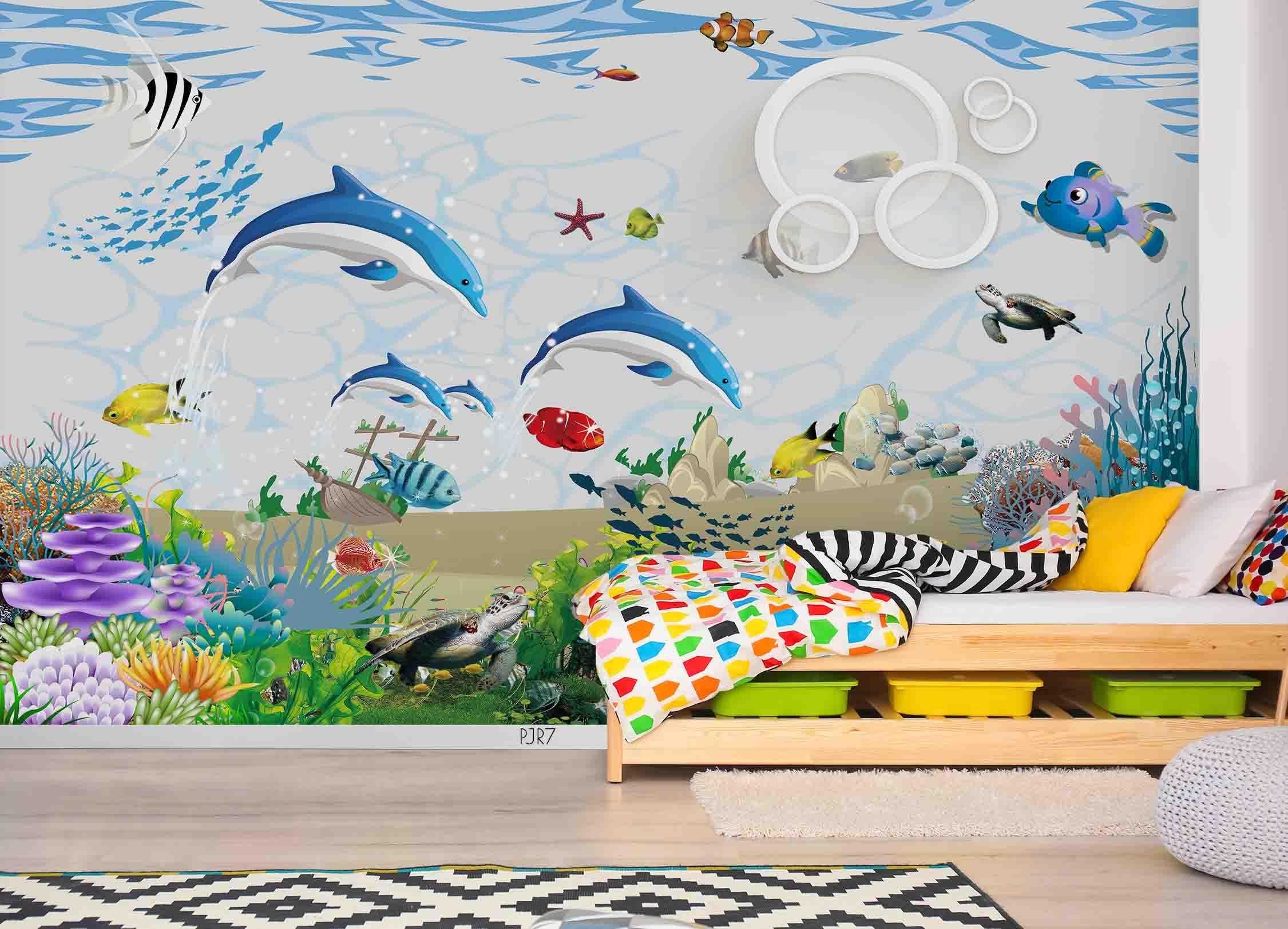 3D Dolphin Sea Fish cartoon dolphin sea life mural wall mural wallpaper for kids room - view 4