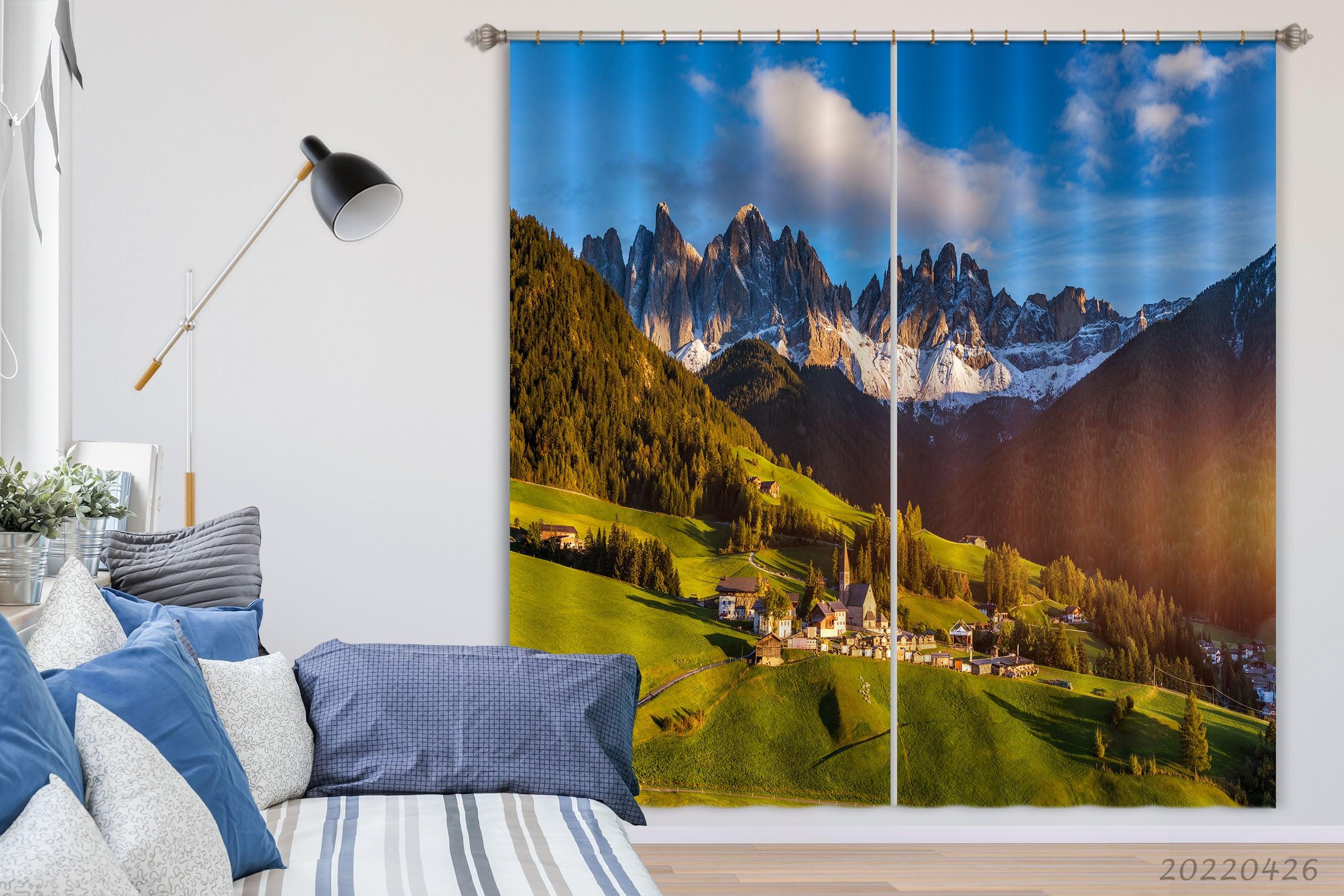 3D Landscape Mountain Green Woods Meadow Town Curtains and Drapes GD 4863- Jess Art Decoration