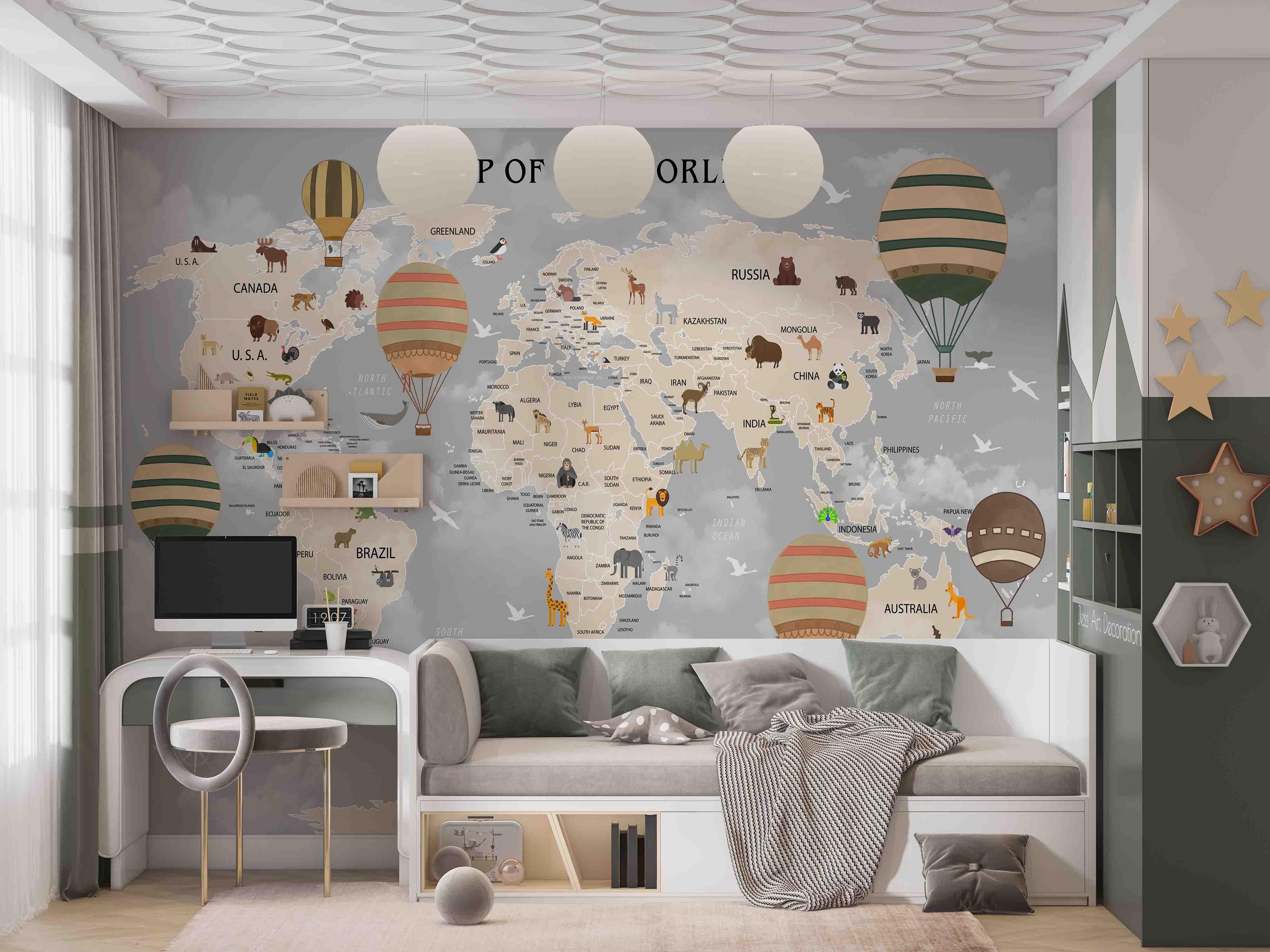 3D World Map Animal Hot Air Balloon Wall Mural Wallpaper GD 2493- Jess Art Decoration