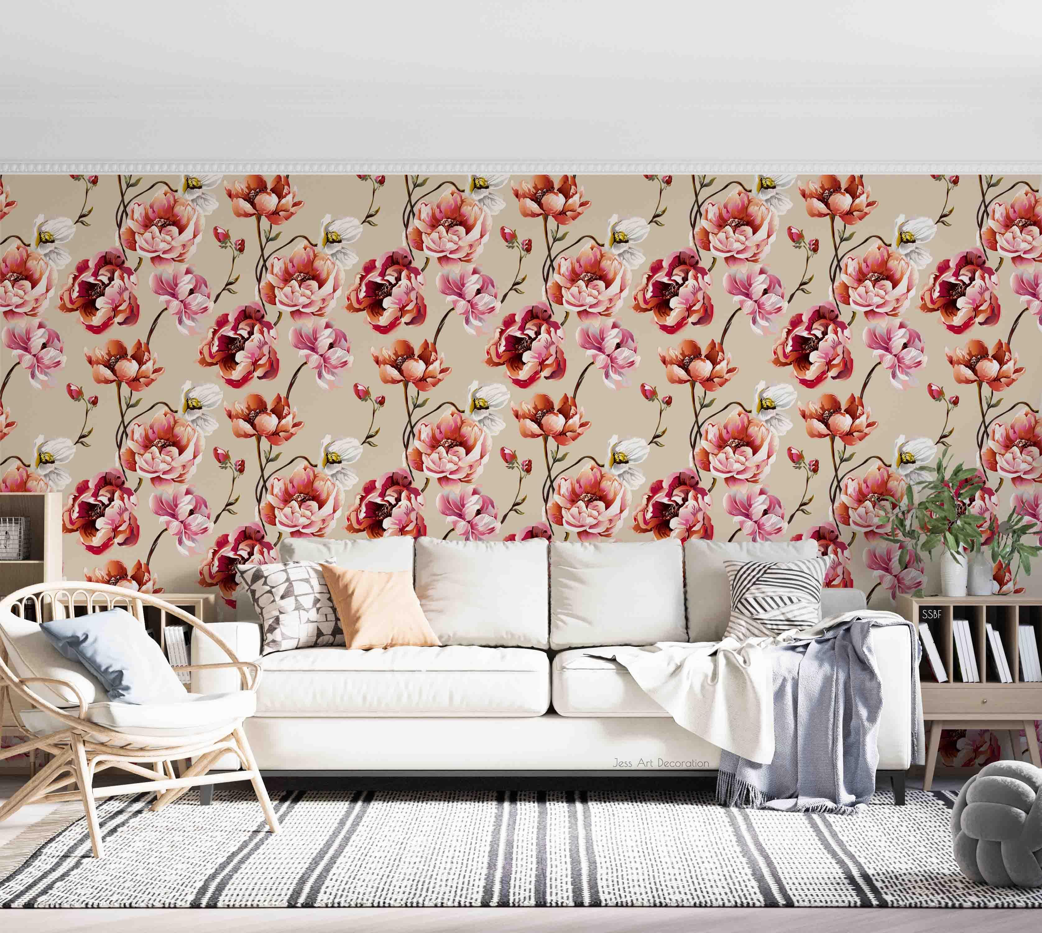 3D Vintage Baroque Art Blooming Pink Peony Watercolor Background Wall Mural Wallpaper GD 3573- Jess Art Decoration