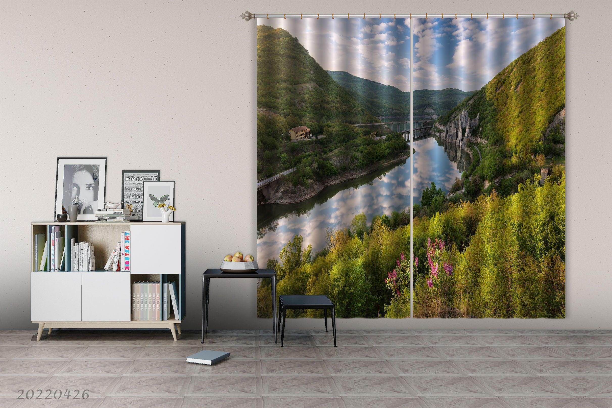 3D Landscape Mountain Rock River Green Forest Curtains and Drapes GD 4836- Jess Art Decoration