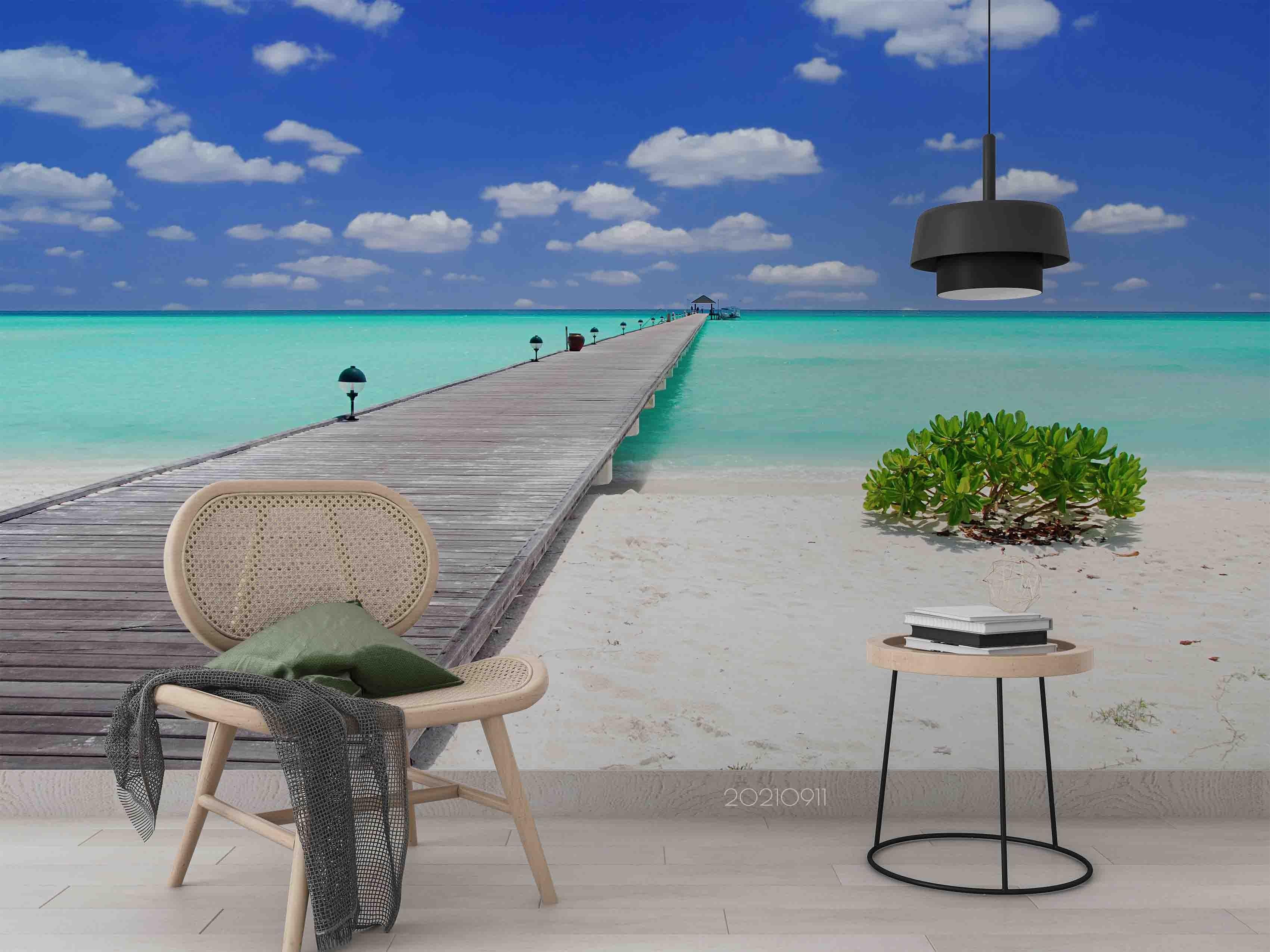 3D Bridge Blue Sky Cloud Sea Landscape Wall Mural Wallpaper LQH 828- Jess Art Decoration