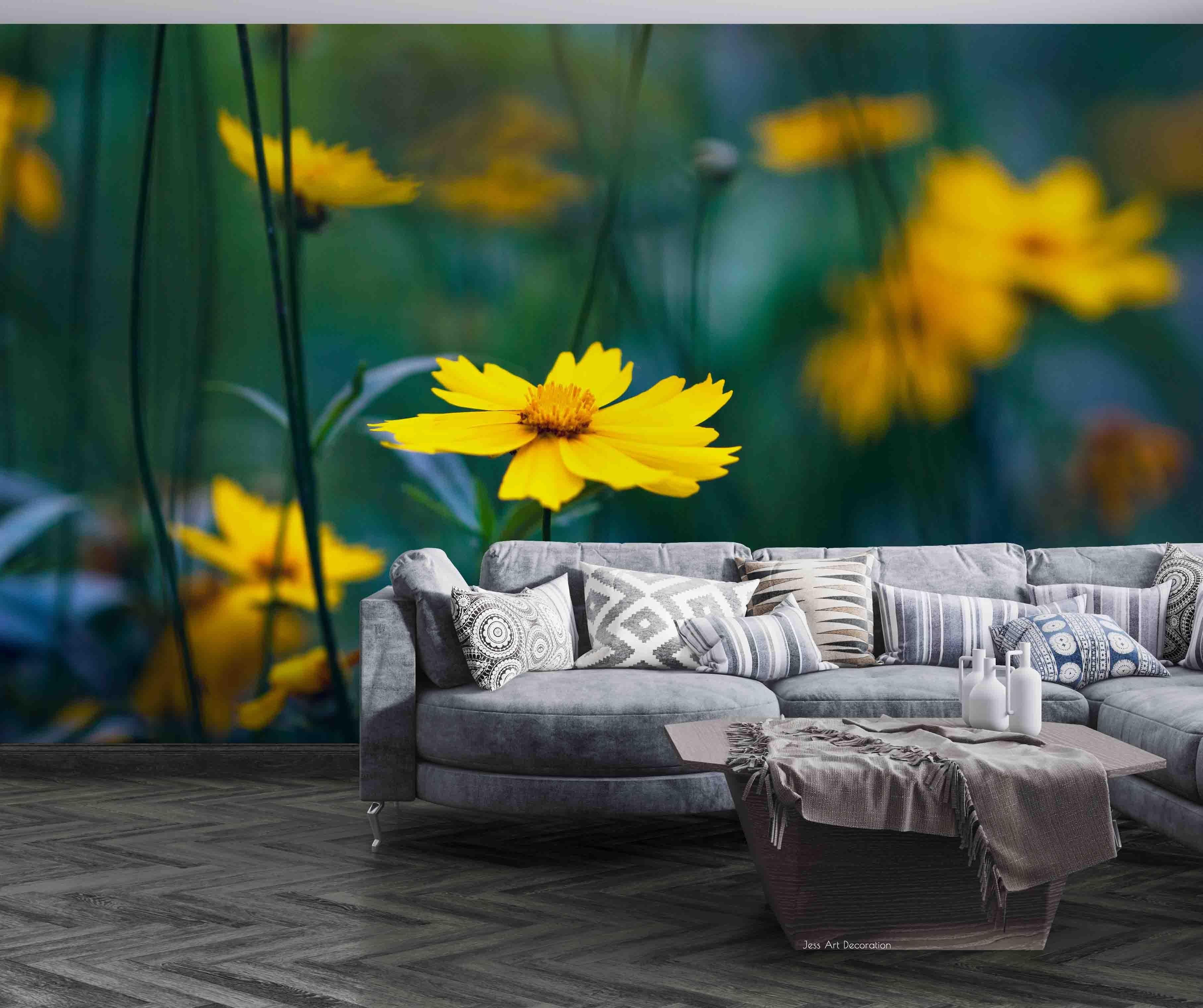 3D Yellow Flowers Green Leaf Wall Mural Wallpaper GD 2426- Jess Art Decoration