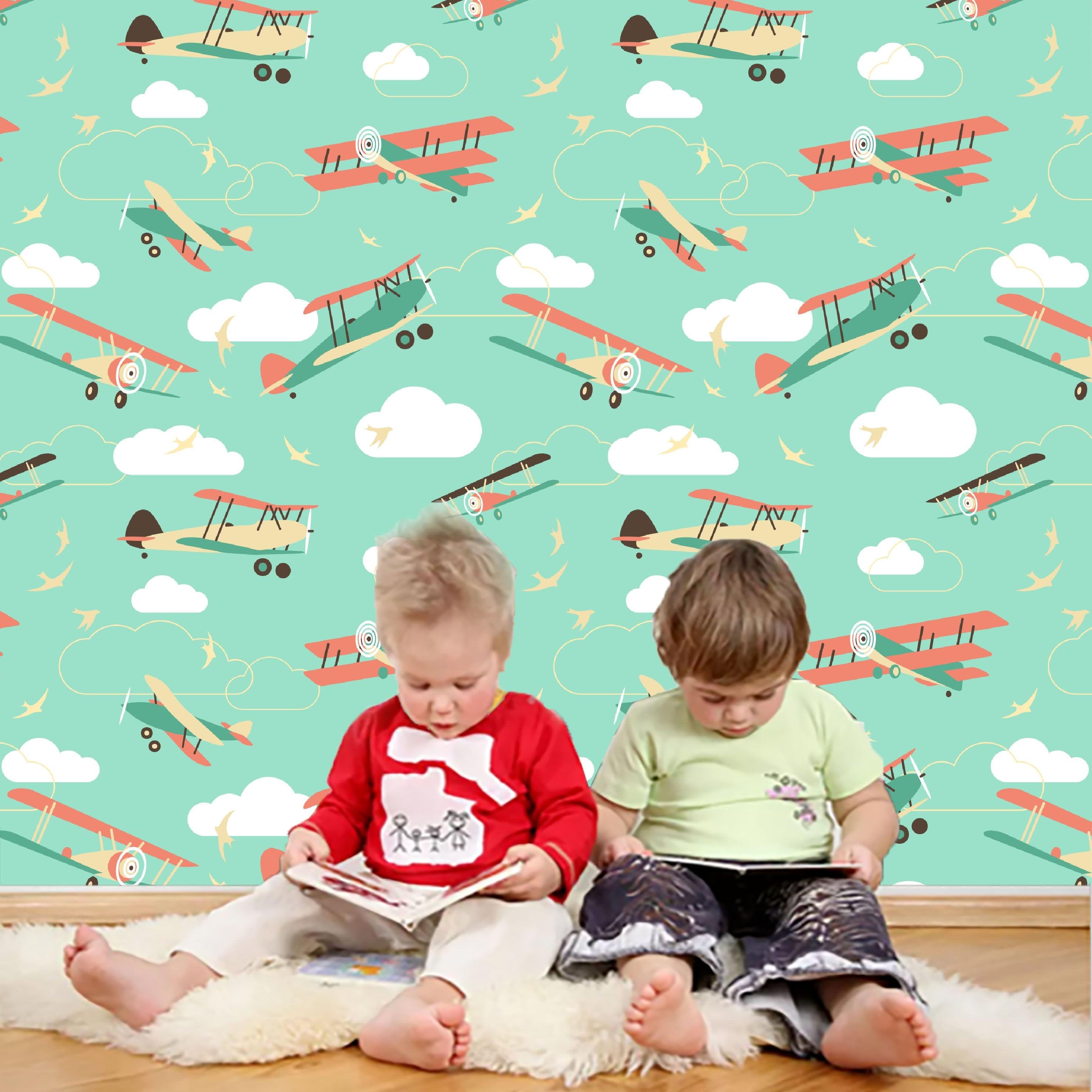 3D Green Background Cartoon Plane Wall Mural Wallpaper 6- Jess Art Decoration