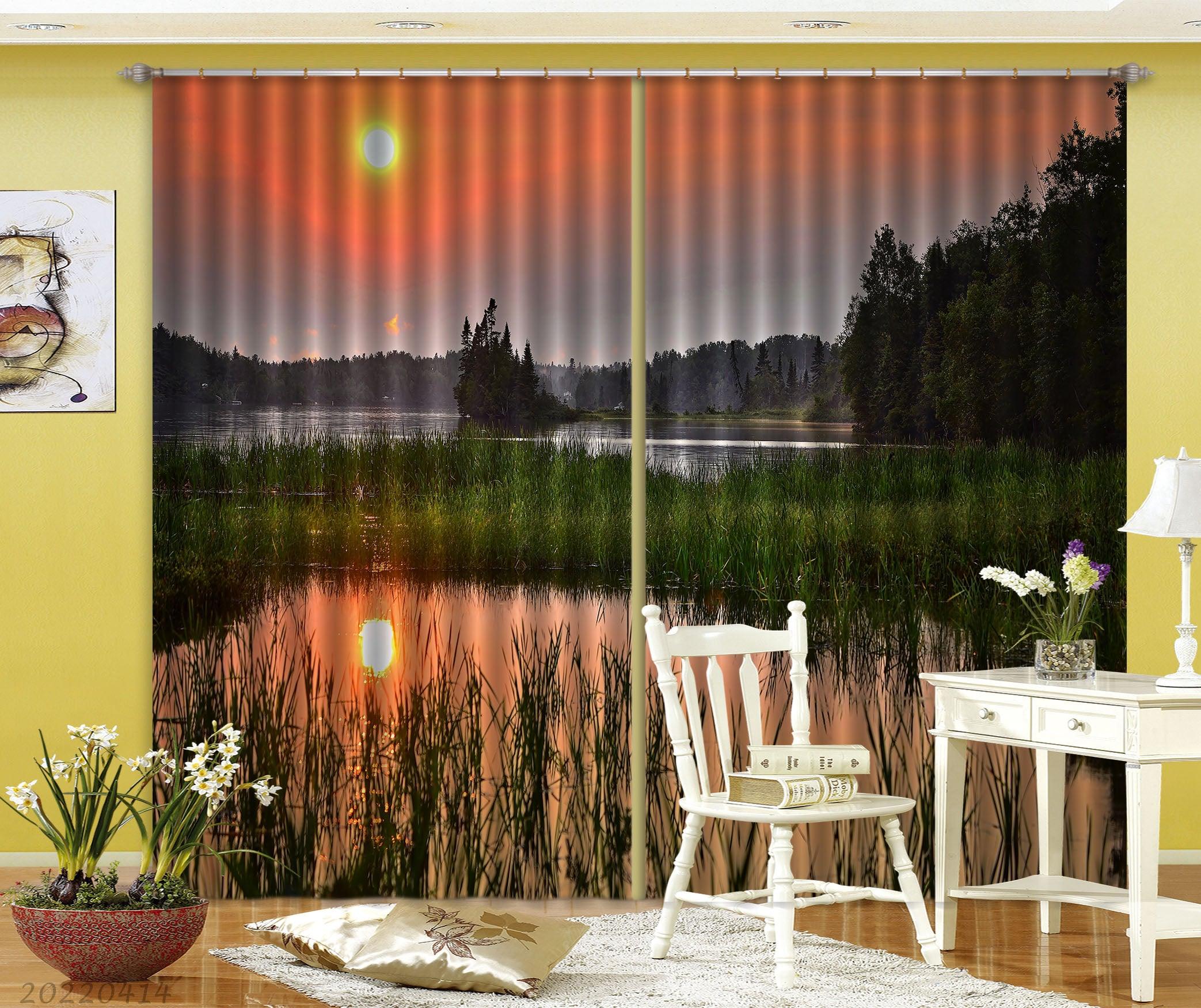 3D Landscape Tree Nature Grass Pond Sunset Curtains and Drapes GD 4125- Jess Art Decoration