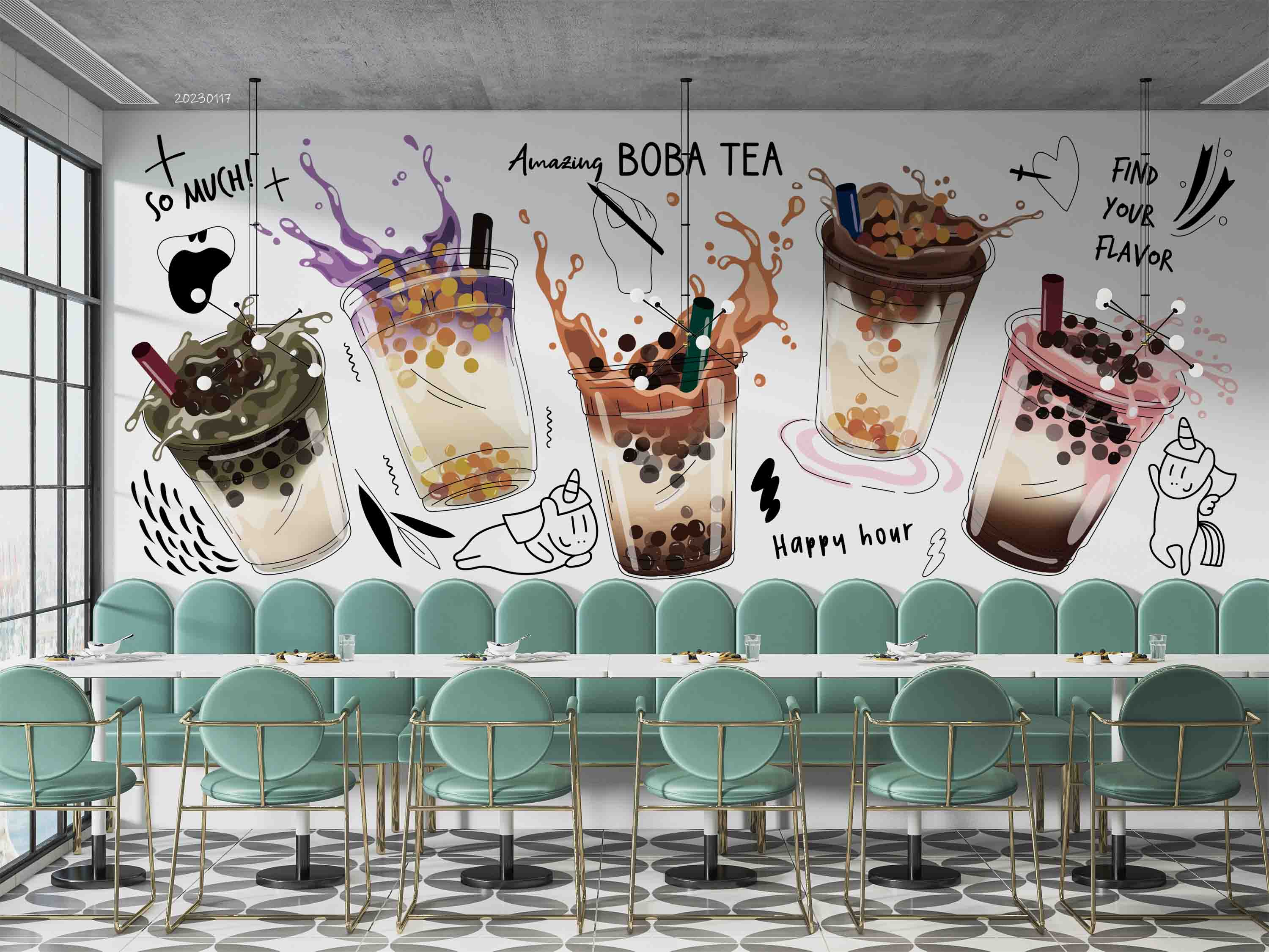 3D Hand Drawn Bubble Tea Pearl Tea Milk Tea Shop Wall Mural Wallpaper JN 30- Jess Art Decoration