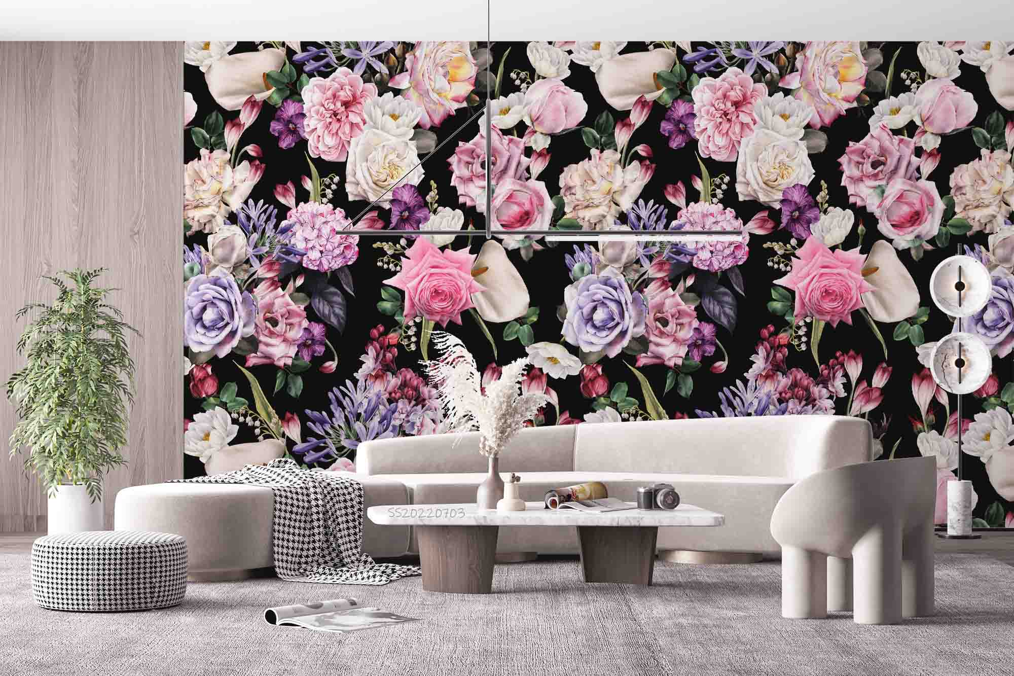3D Vintage Colorful Flowers Black Background Wall Mural Wallpaper GD 1074- Jess Art Decoration