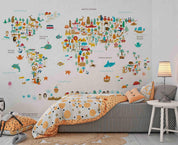 3D Cartoon World Map Animals Wall Mural Wallpaper LQH 19- Jess Art Decoration