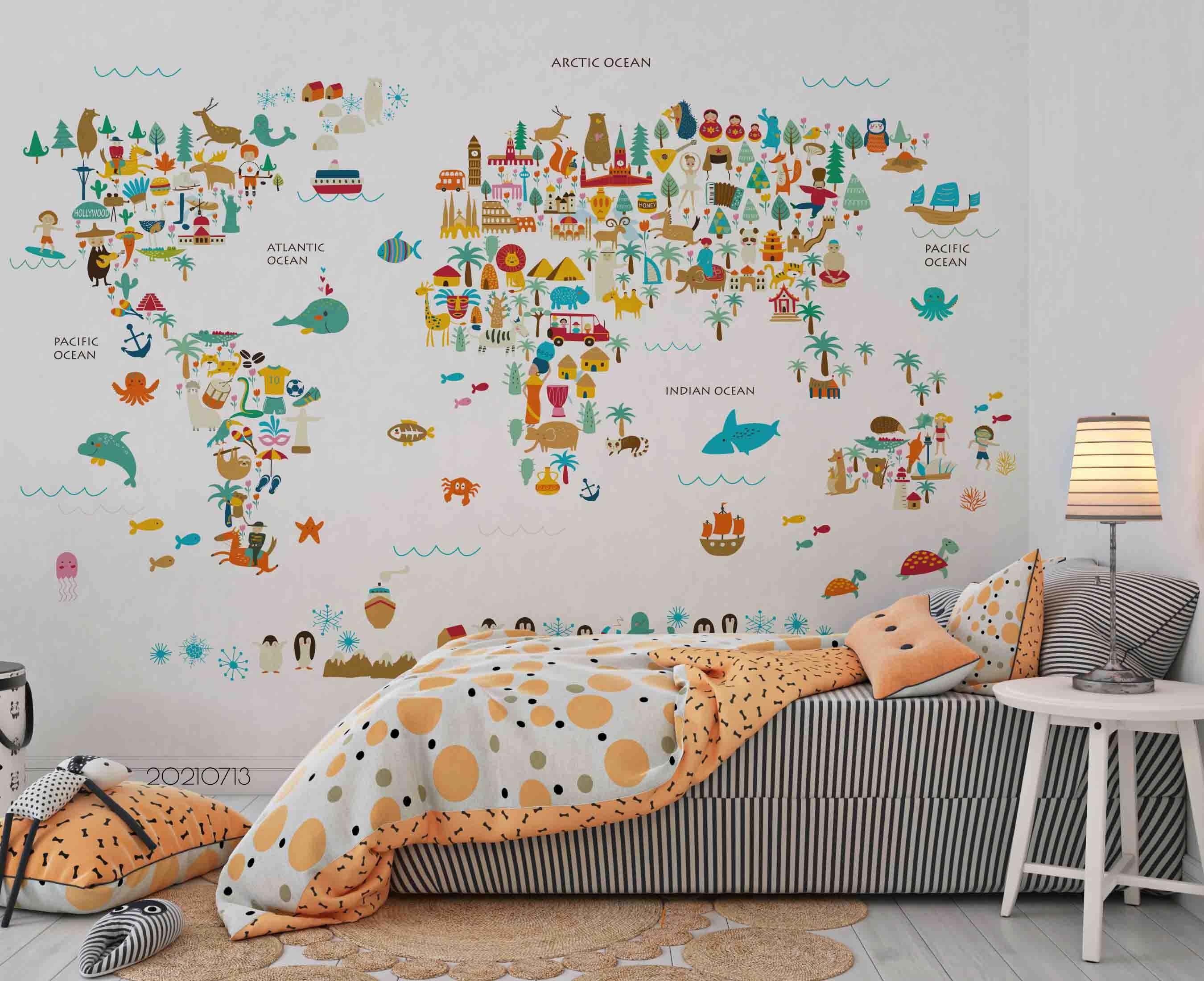 3D Cartoon World Map Animals Wall Mural Wallpaper LQH 19- Jess Art Decoration