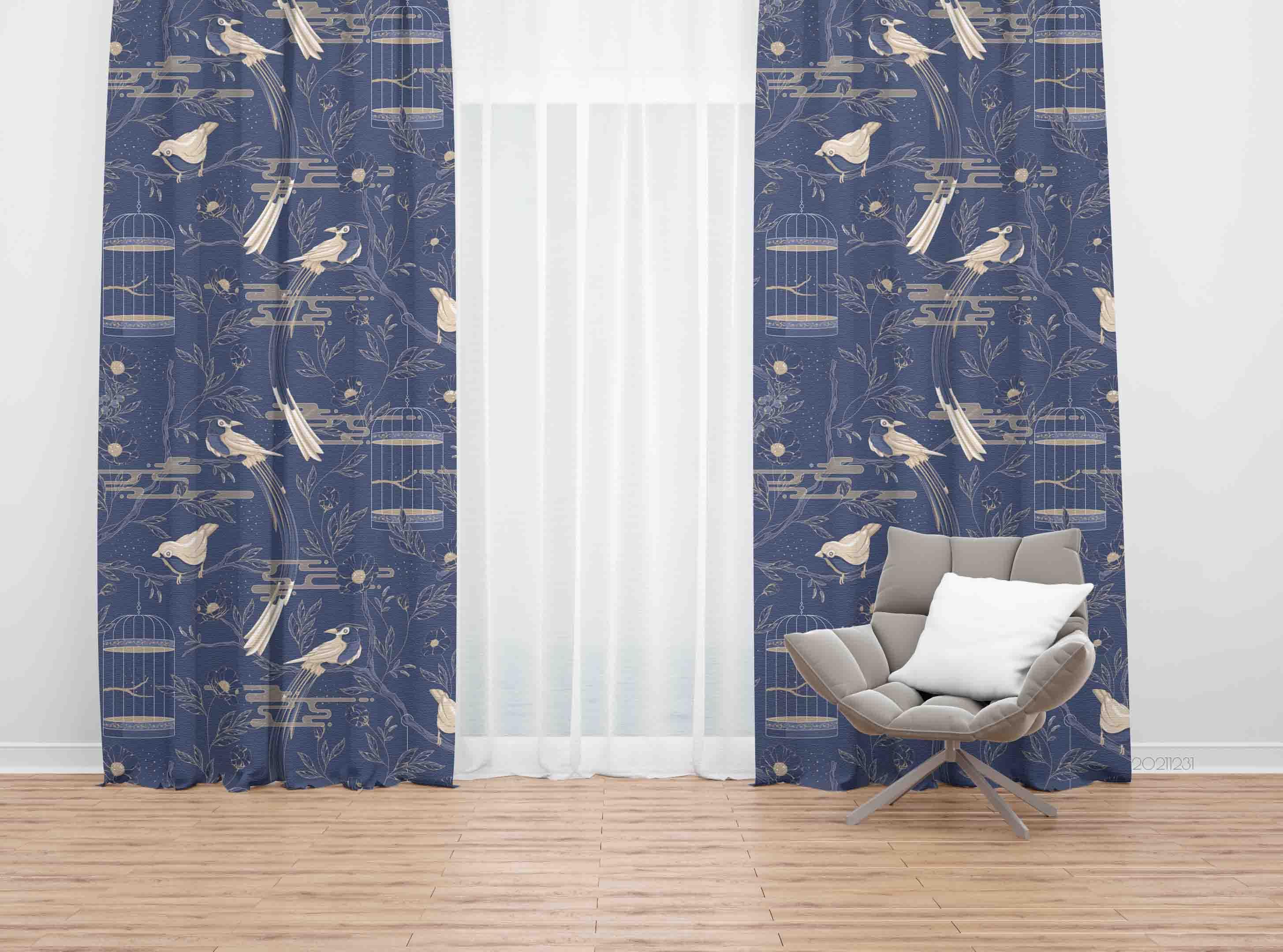 3D Vintage Blue Bird Birdcage Plant Leaf Curtains and Drapes GD 74- Jess Art Decoration