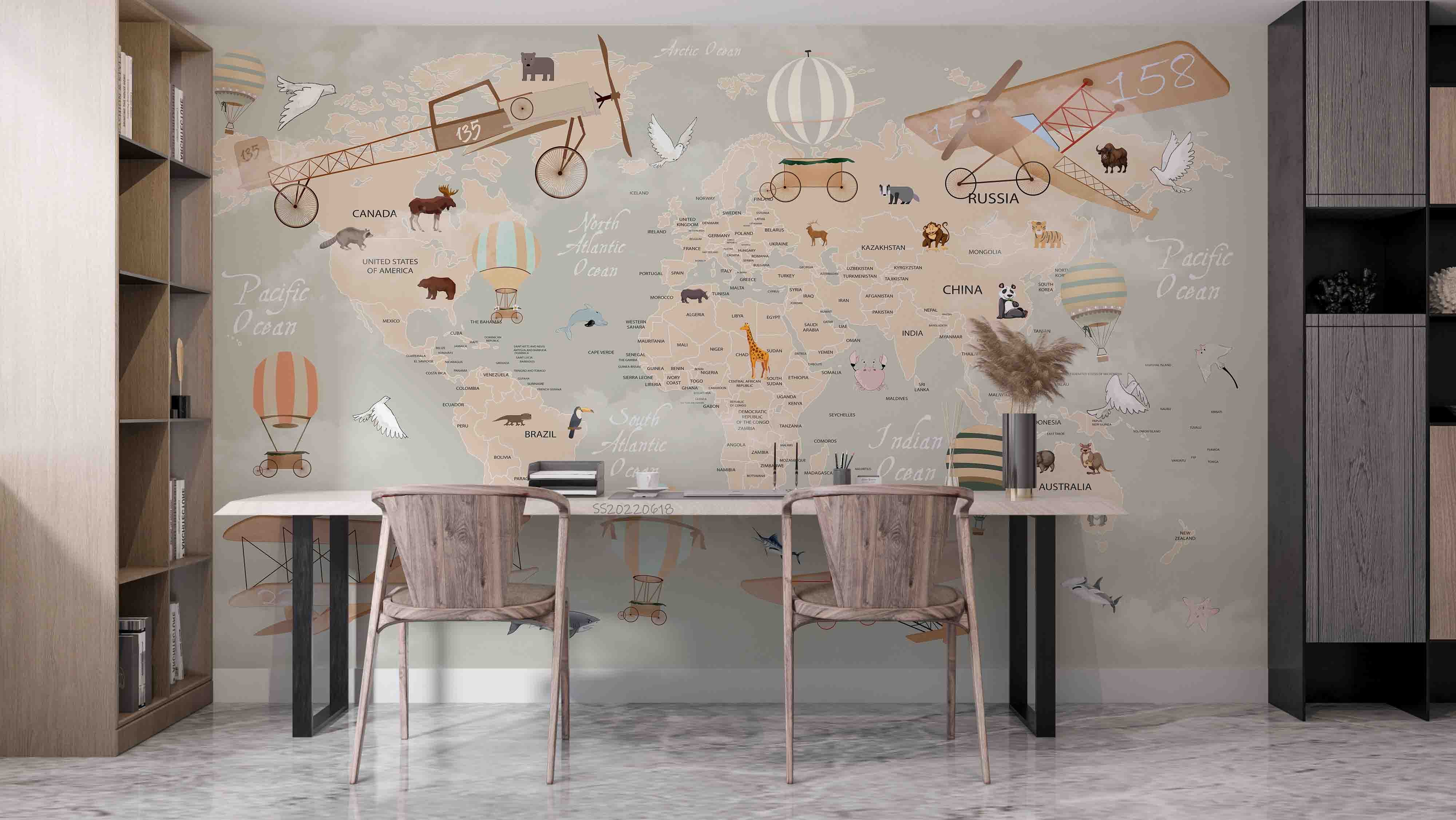 3D World Map Cartoon Animal Aircraft Balloon Wall Mural Wallpaper GD 863- Jess Art Decoration