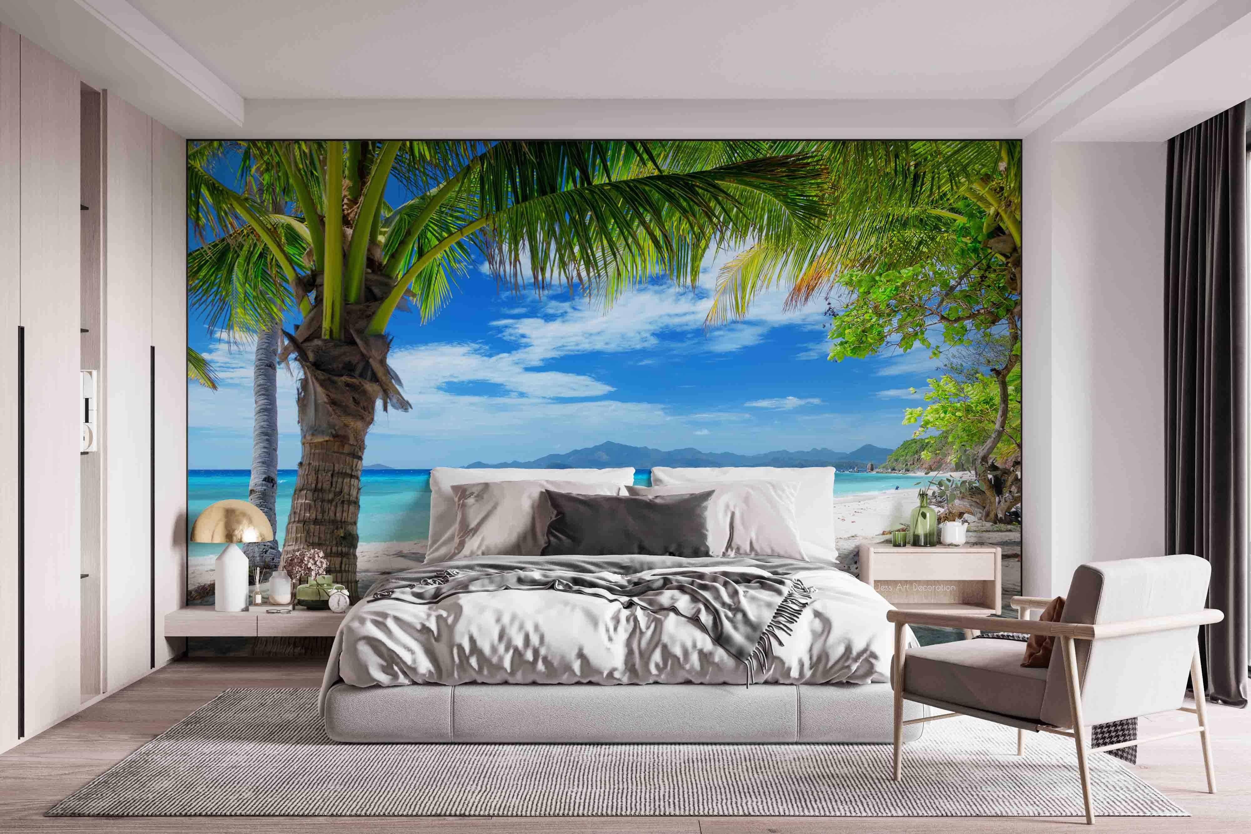 3D Beach Palm Tree Ocean Landscape Wall Mural Wallpaper GD 2489- Jess Art Decoration