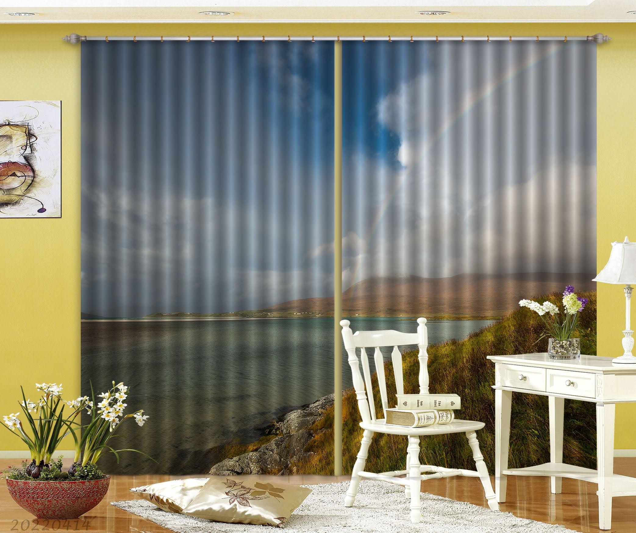 3D Landscape Ocean Coast Hill Sky Rainbow Curtains and Drapes GD 4159- Jess Art Decoration