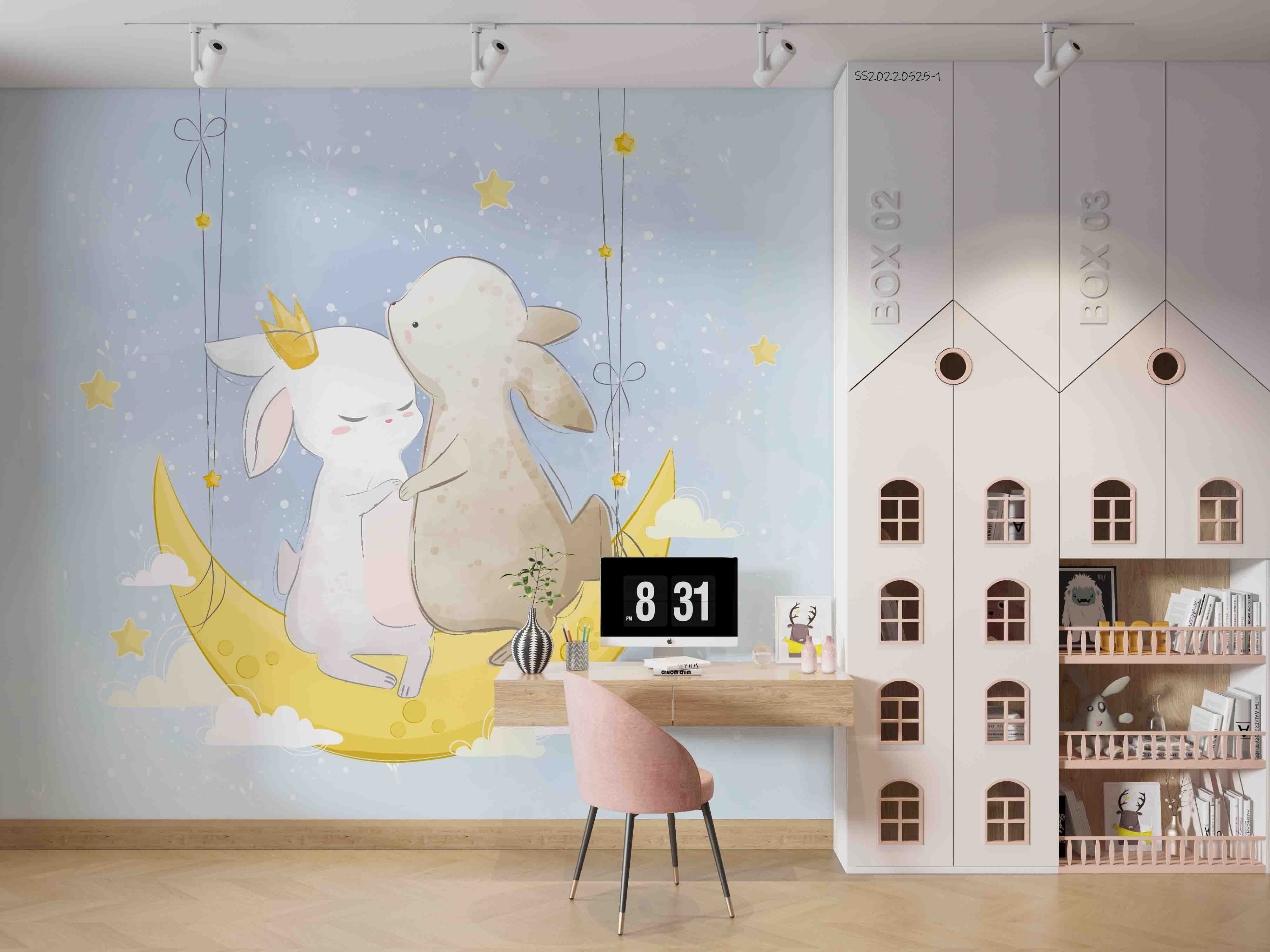 3D Watercolor Moon Rabbit Star Wall Mural Wallpaper GD 4810- Jess Art Decoration