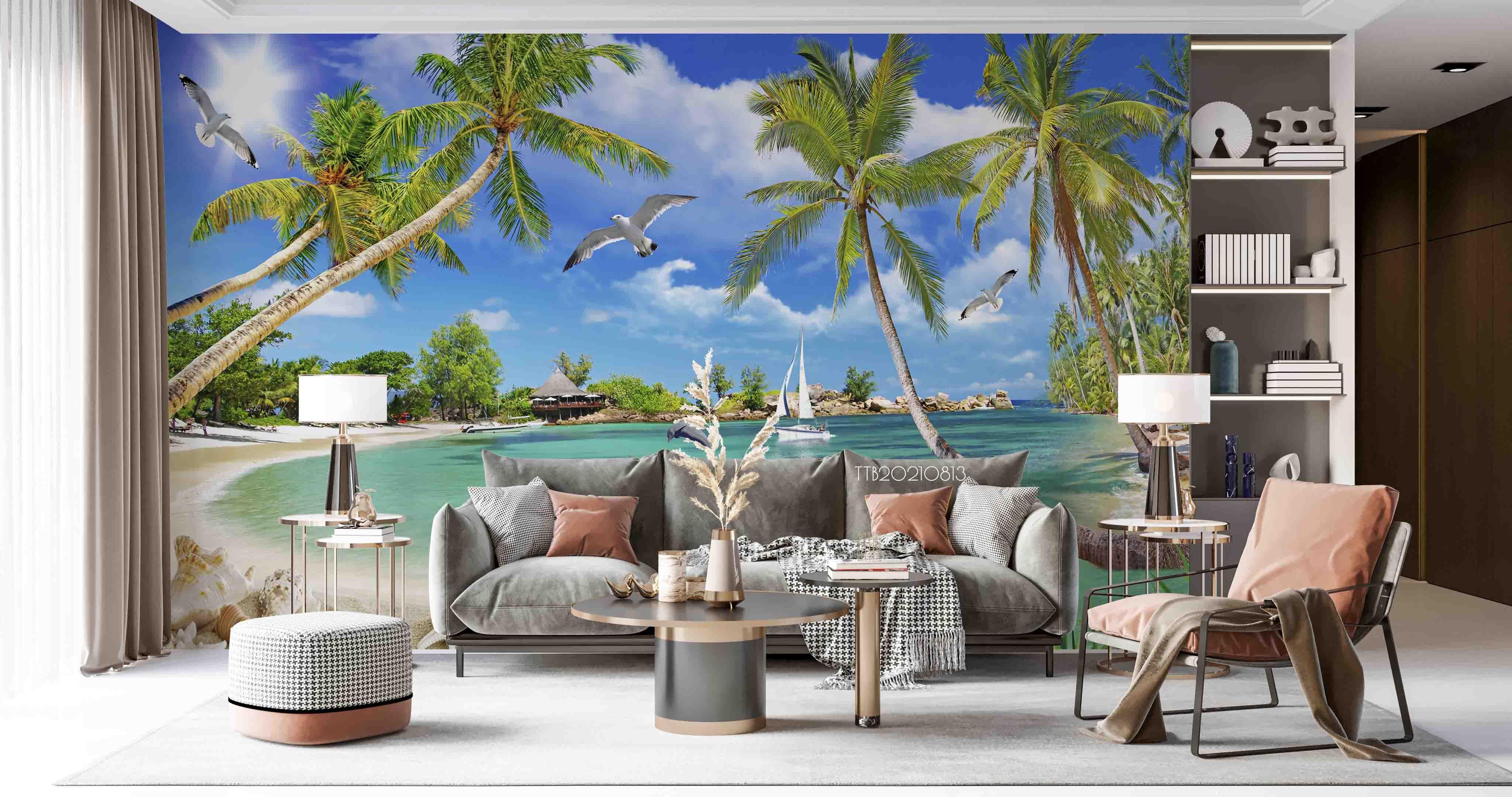 3D Tropics Coconut Trees Sea View Wall Mural Wallpaper 5119- Jess Art Decoration