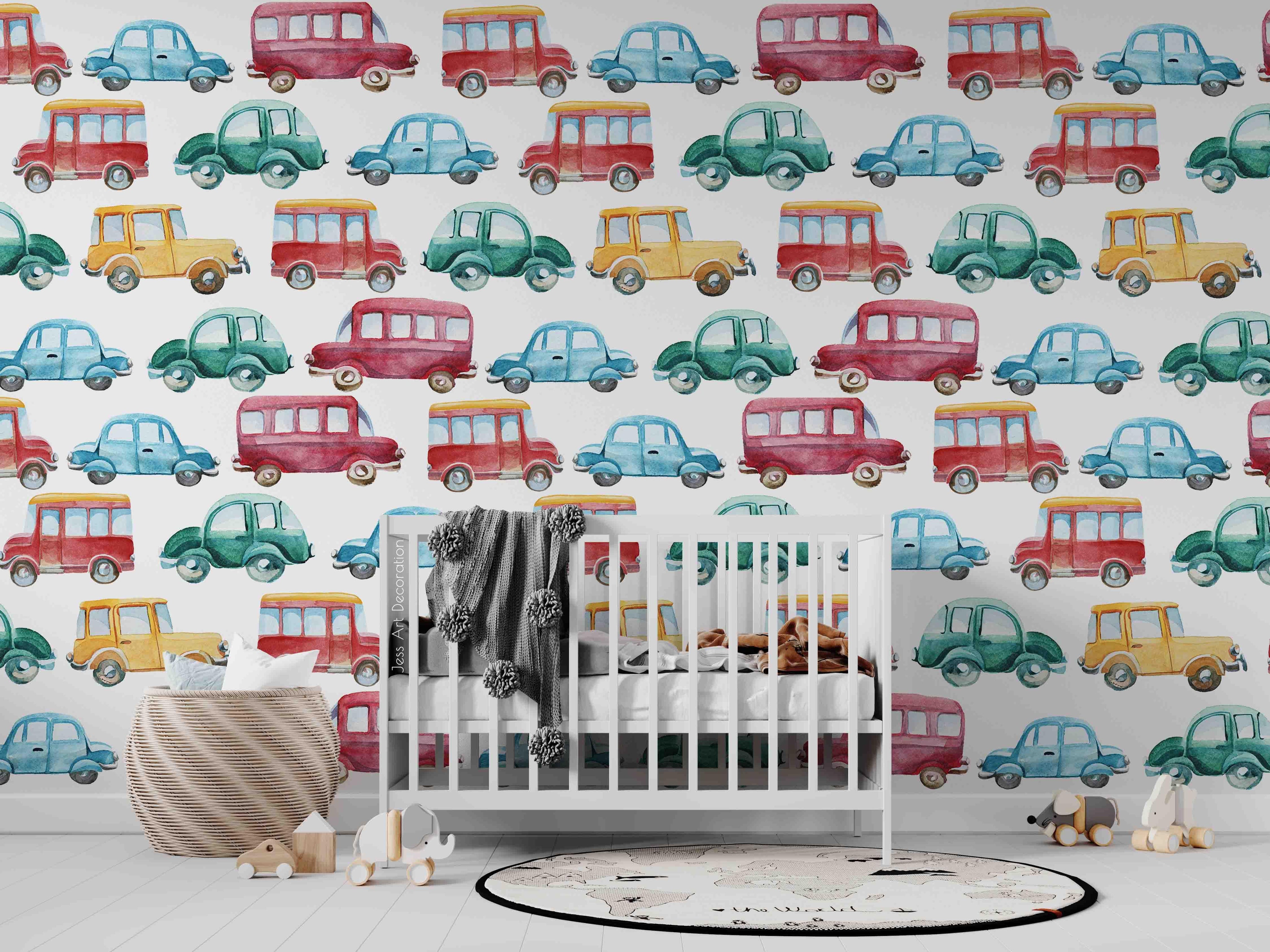 Watercolor Cartoon Car Pattern Contemporary Wallpaper contemporary street art wall mural for creative room or feature wall - 