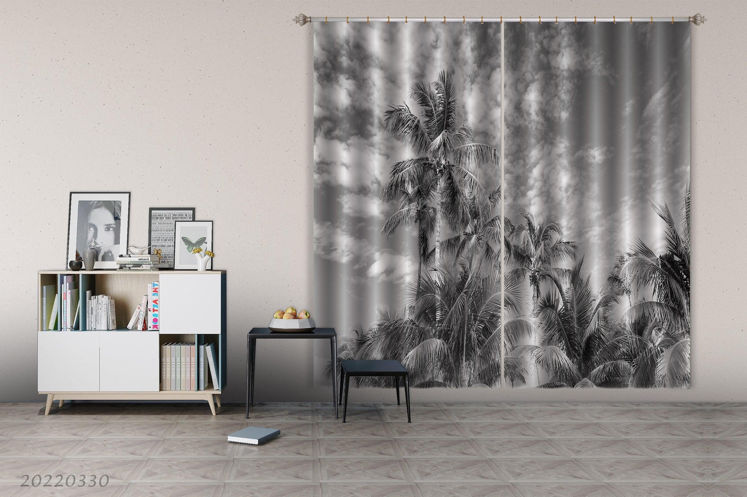3D Coconut Tree Sky Cloud Black White Curtains and Drapes GD 3626- Jess Art Decoration