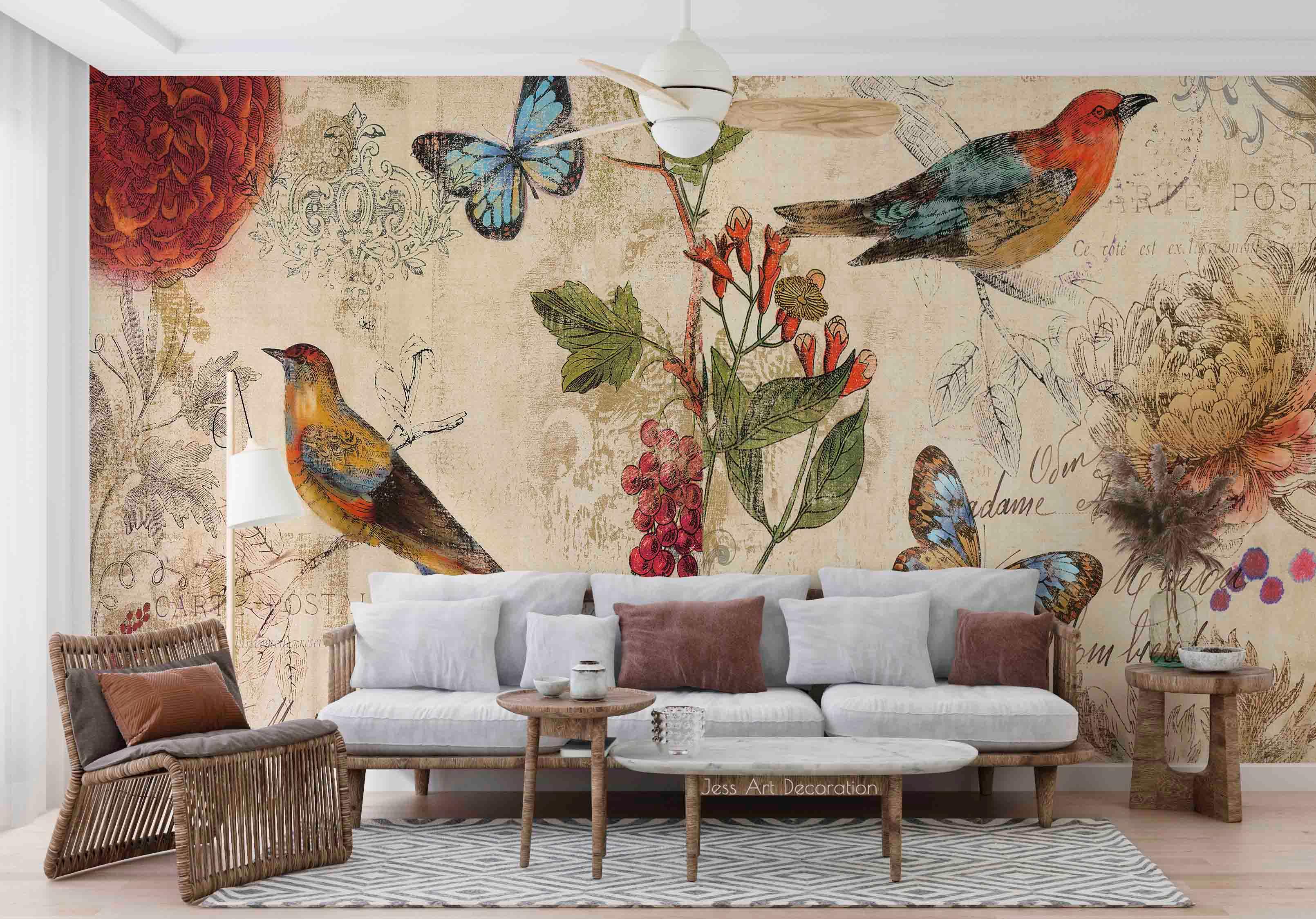 3D Vintage Bird Butterfly nostalgic bird butterfly mural wall mural wallpaper for living room - view 4