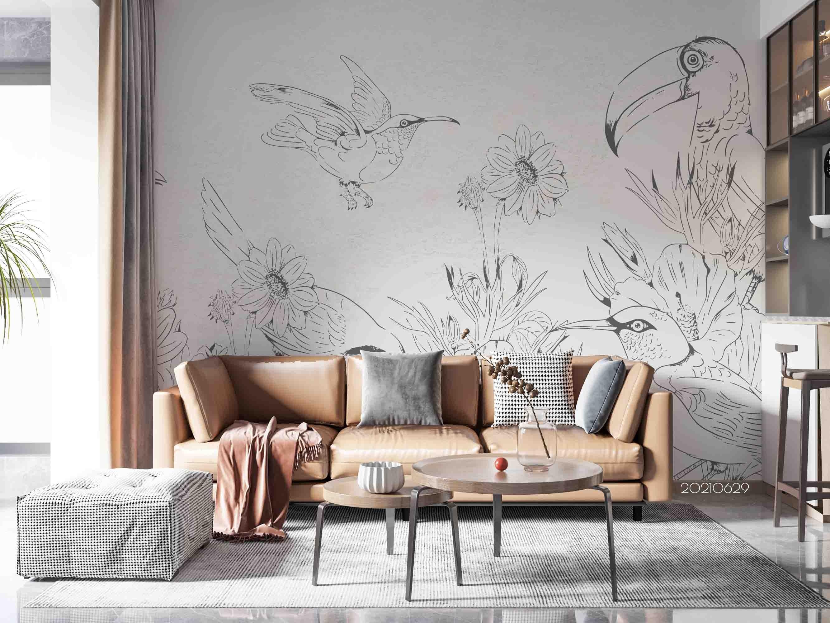 3D Hand Drawn Grey Floral Leaves Wall Mural Wallpaper LQH 28- Jess Art Decoration