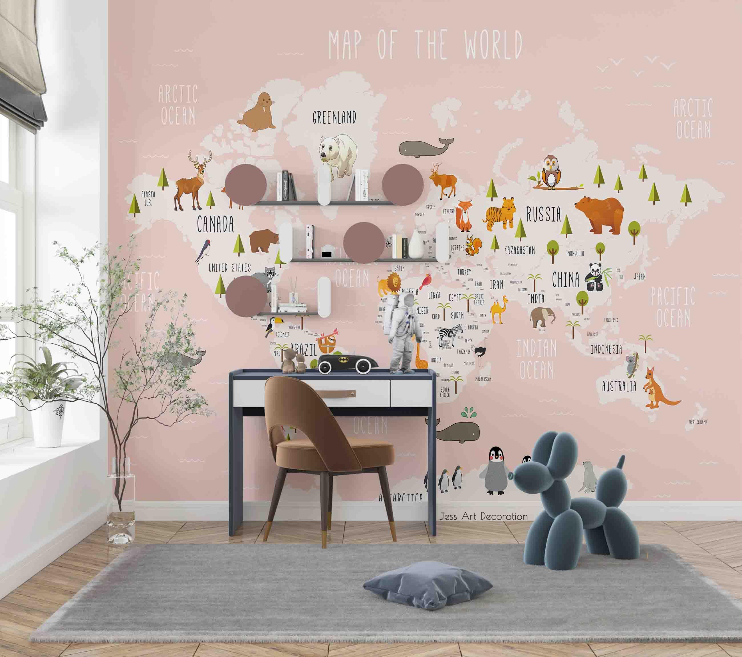 3D Cartoon Animal World Map Wall Mural Wallpaper sww 272- Jess Art Decoration