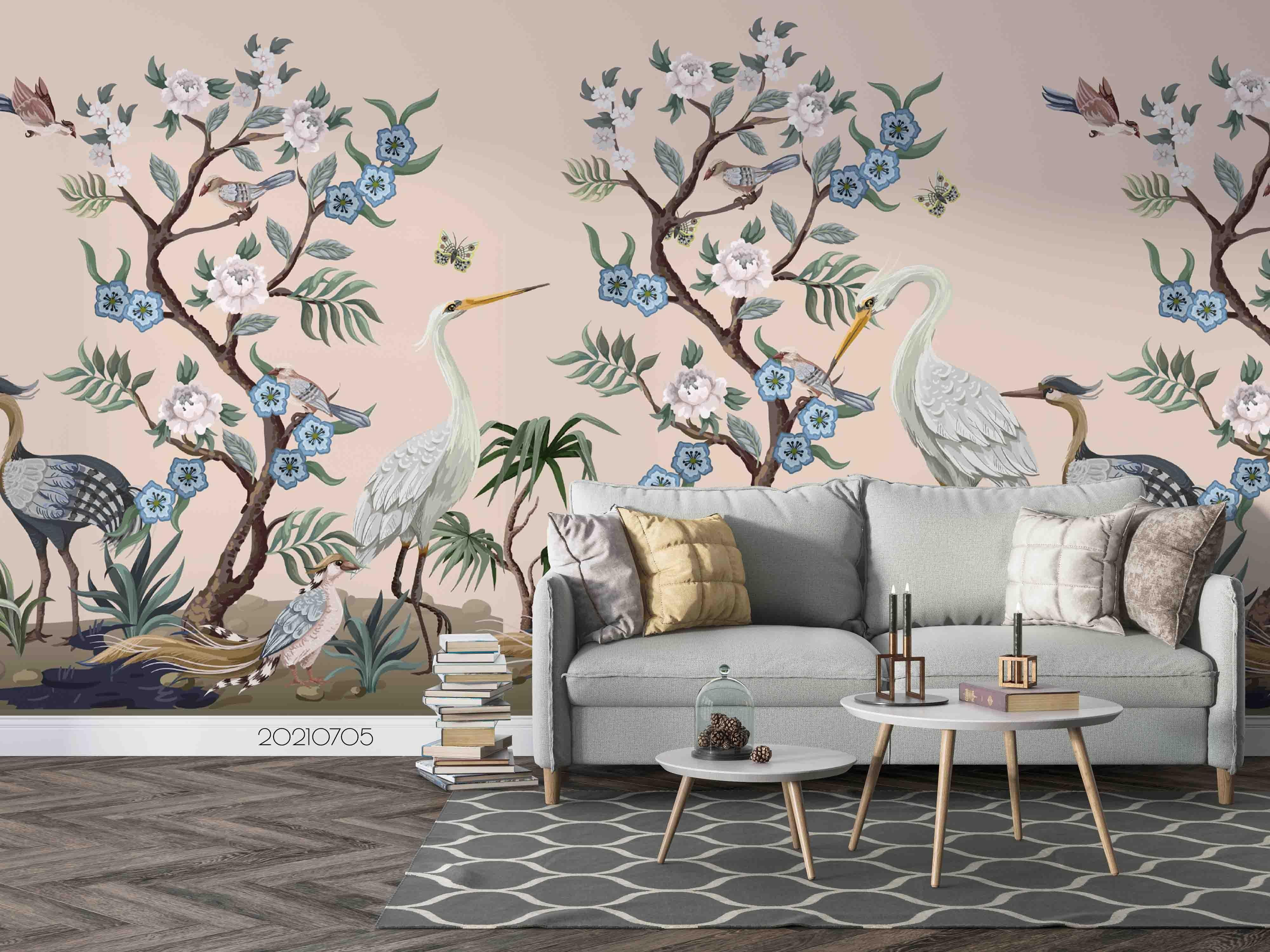 3D Hand Drawn Floral Tree Crane Wall Mural Wallpaper LQH 125- Jess Art Decoration