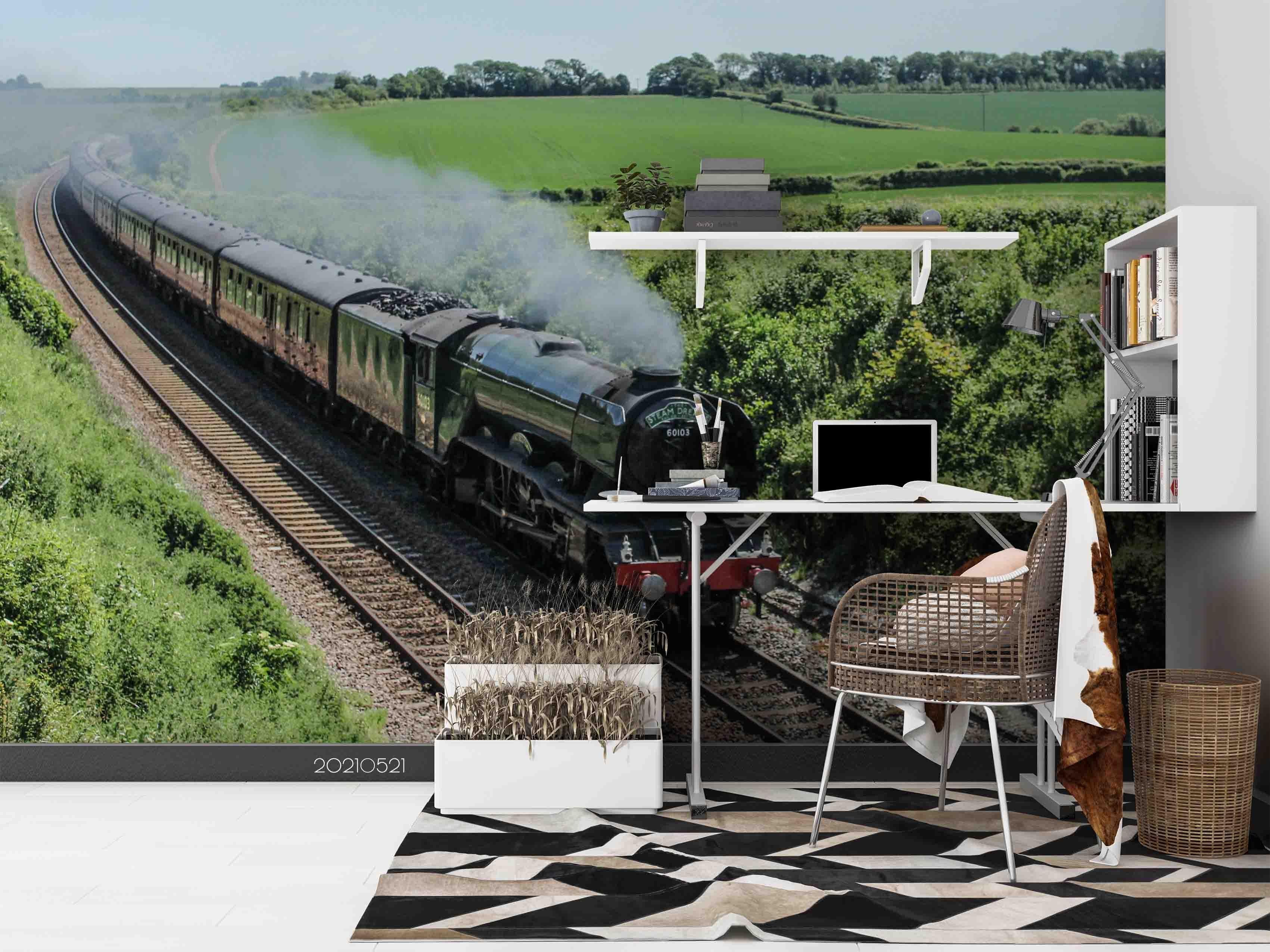 3D Green Forest Train Railroad Track Wall Mural Wallpaper LQH 257- Jess Art Decoration