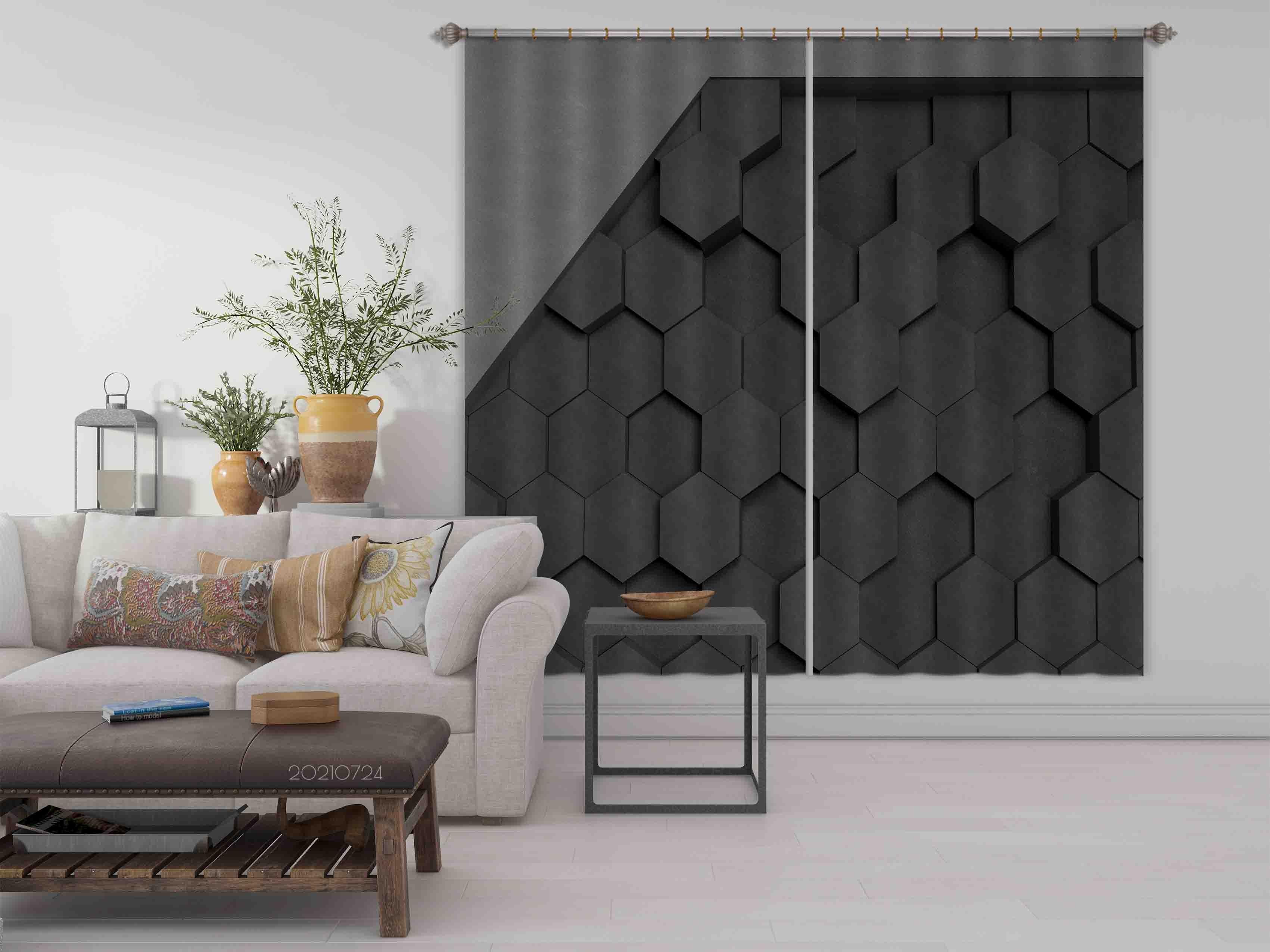 3D Abstract Black Geometric Hexagon Curtains and Drapes LQH 61- Jess Art Decoration