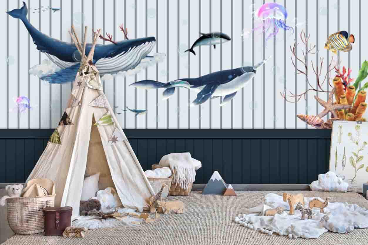 3D blue whale jellyfish wall mural wallpaper 25- Jess Art Decoration