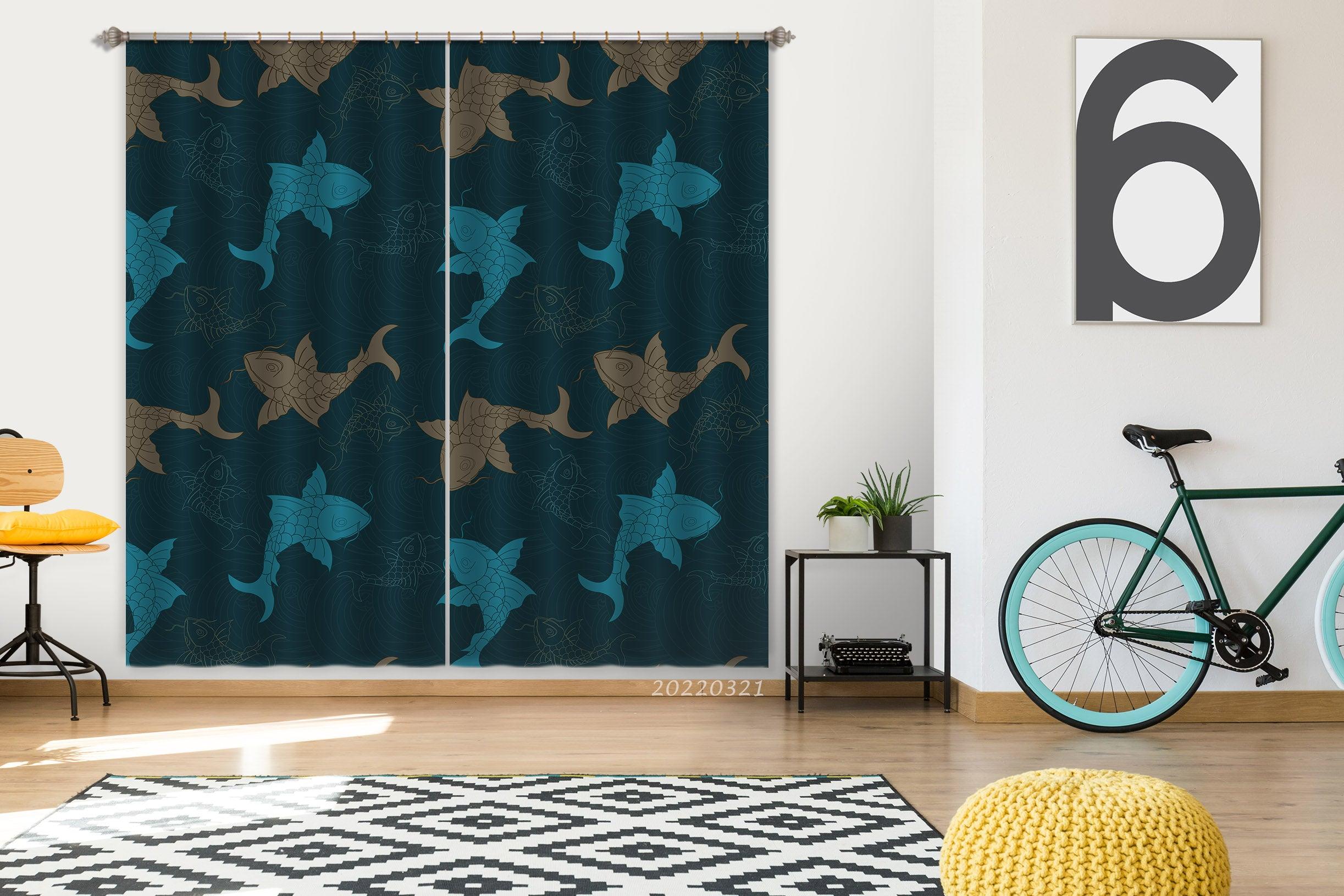 3D Fish Blue Sea Water Curtains and Drapes GD 3162- Jess Art Decoration