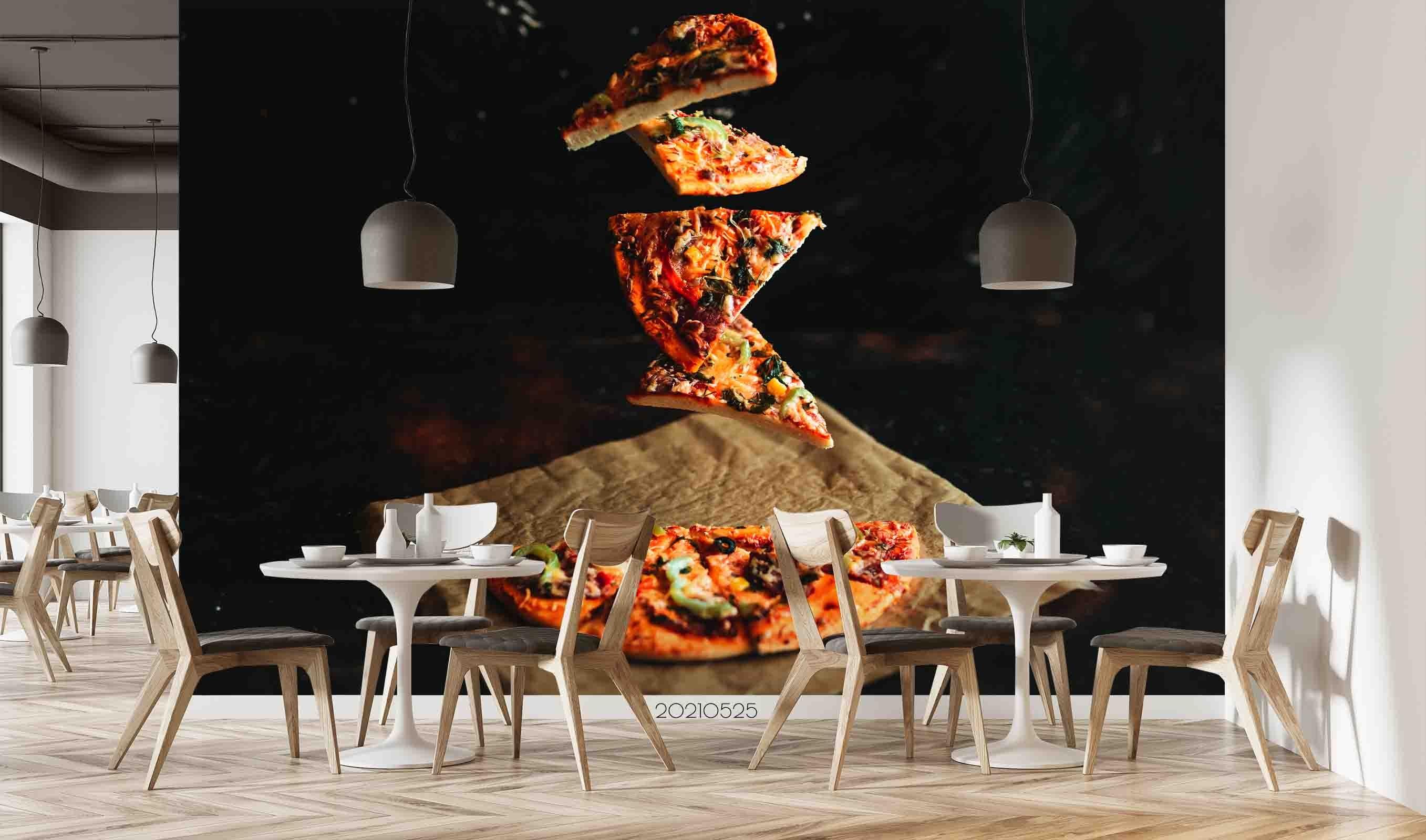 3D Levitation Drop Pizza Kraft Black Wall Mural Wallpaper SWW70- Jess Art Decoration