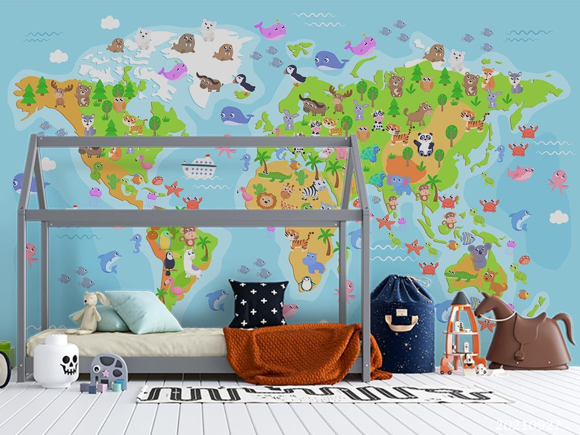3D Blue World Map Kids Wall Mural Wallpaper LQH 150- Jess Art Decoration