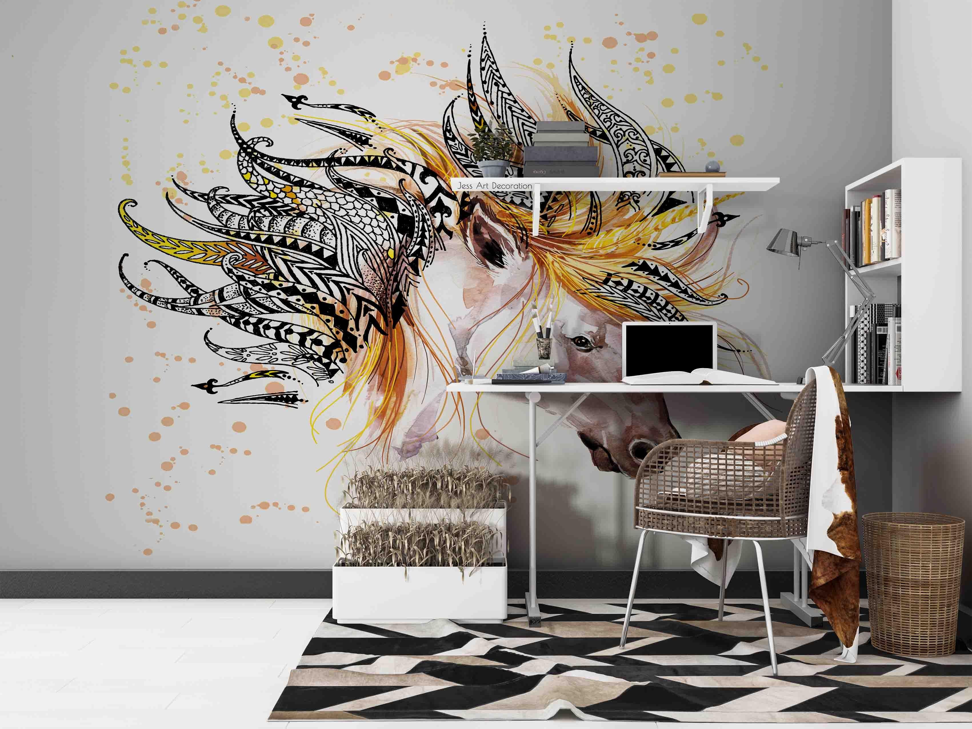 Abstract Horse Feather Headdress Watercolor Contemporary Wallpaper contemporary street art wall mural for creative room or fe