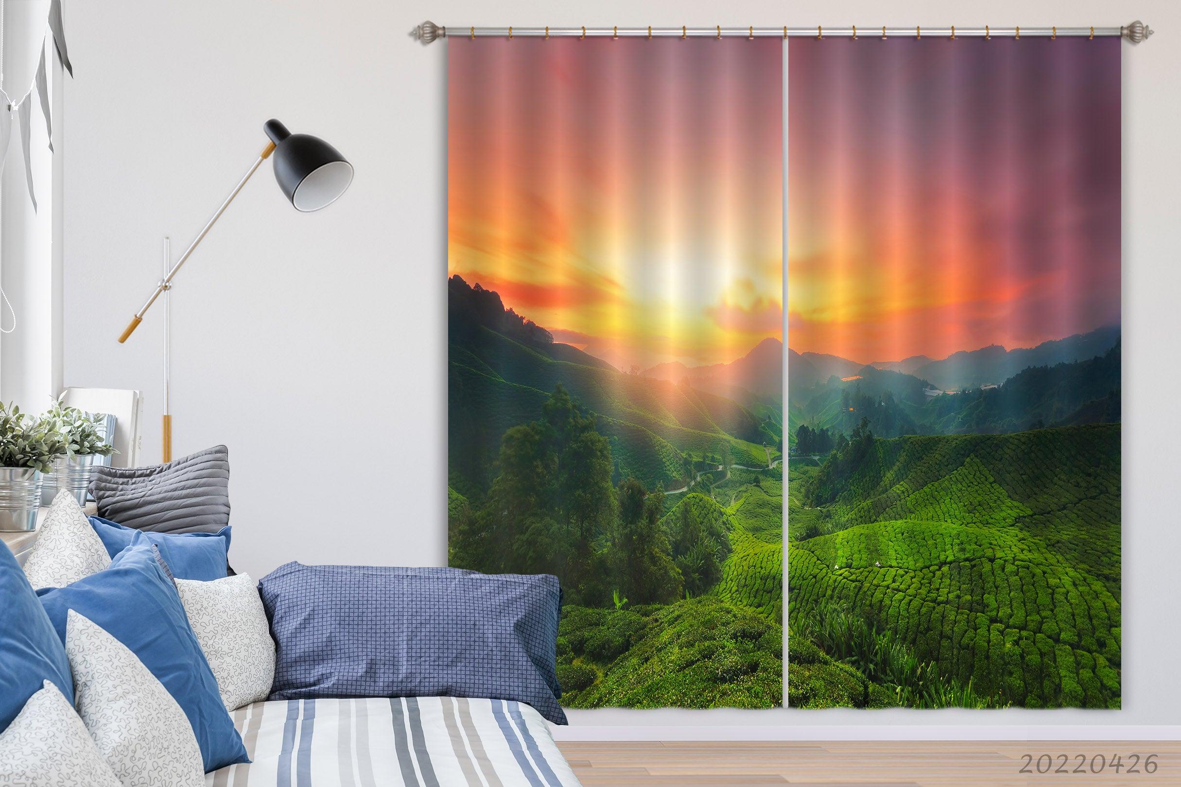 3D Landscape Mountain Tea Plantation Green Tree Sunset Curtains and Drapes GD 4873- Jess Art Decoration