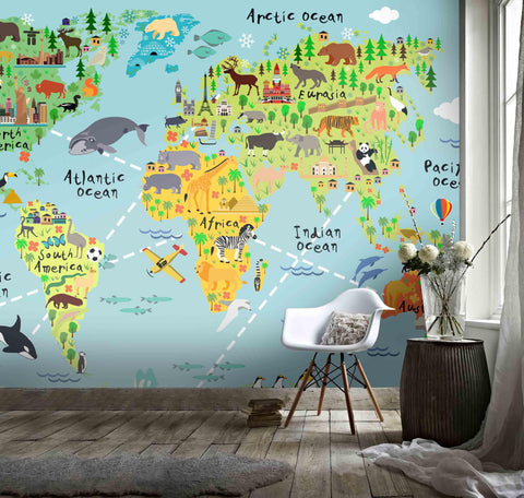 3D Creative Cartoon Animal World Map Wall Mural Wallpaper GD 1824- Jess Art Decoration