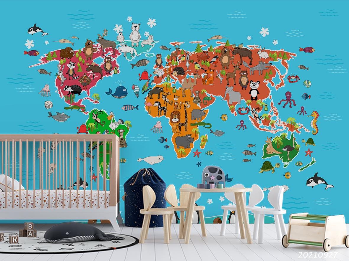 3D Blue World Map Animals Kids Wall Mural Wallpaper LQH 155- Jess Art Decoration