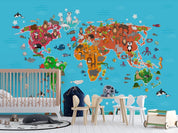 3D Blue World Map Animals Kids Wall Mural Wallpaper LQH 155- Jess Art Decoration