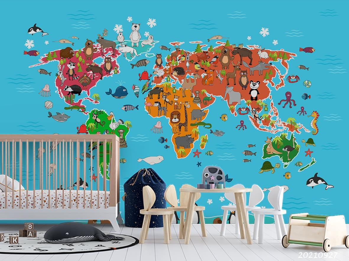 3D Blue World Map Animals Kids Wall Mural Wallpaper LQH 155- Jess Art Decoration