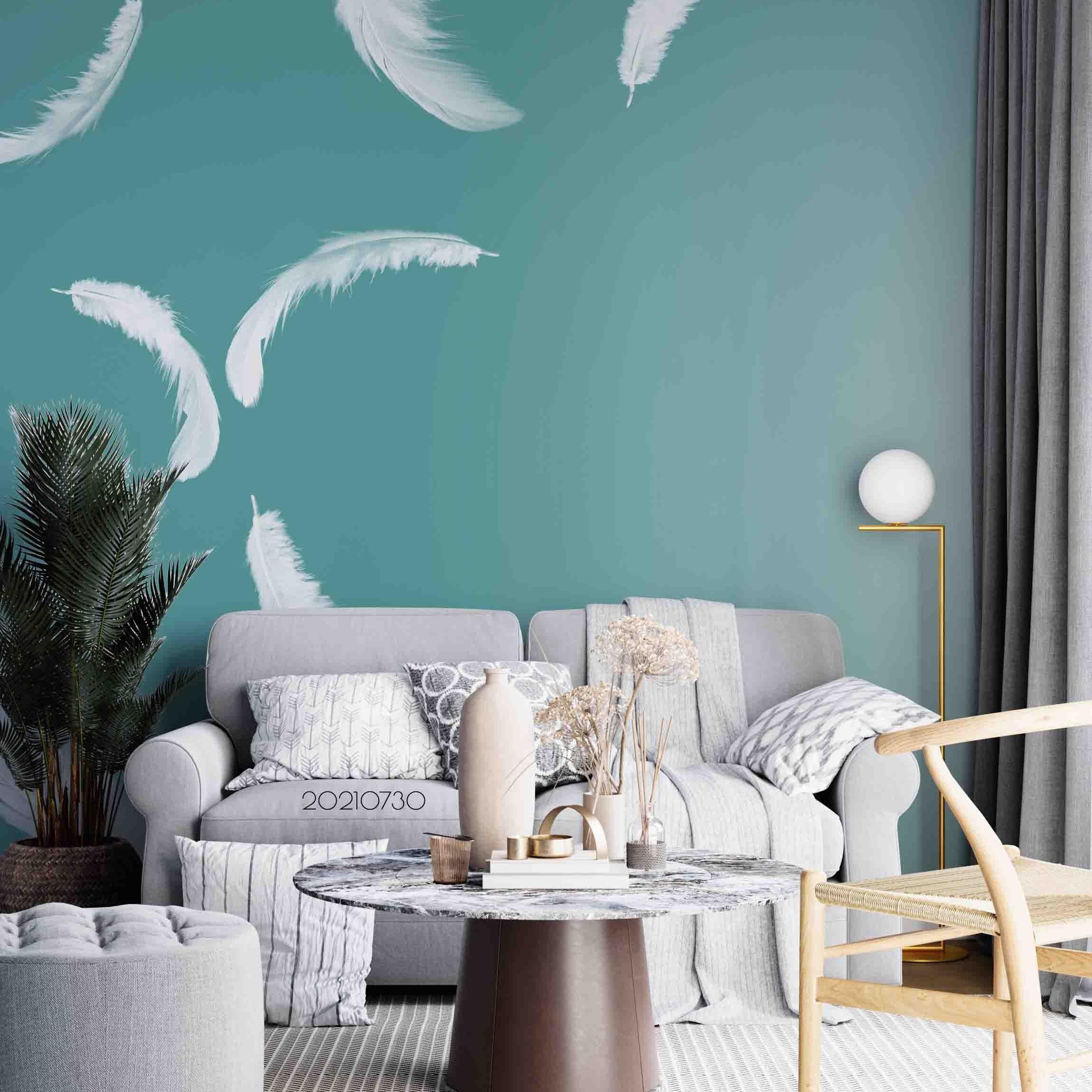 3D White Feather Green Background Wall Mural Wallpaper SWW4398- Jess Art Decoration